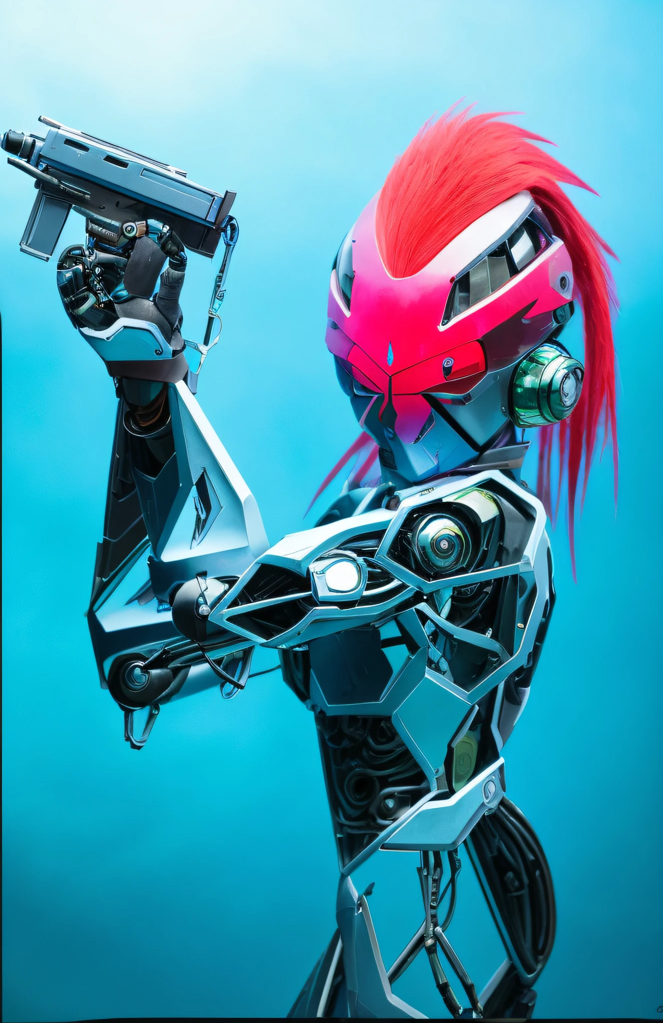 a robot with a gun in hand, mermaid cyborg with a laser revolver, female mecha, samus aran fanart, girl in mecha cyber armor, mecha inspired, cyborg caracal, biomechanical cyborg, robotic anime mixed with organic, inspired by Rob Liefeld, inspired by Leiko Ikemura, cyborg anime, armor in lead color, black, blue
