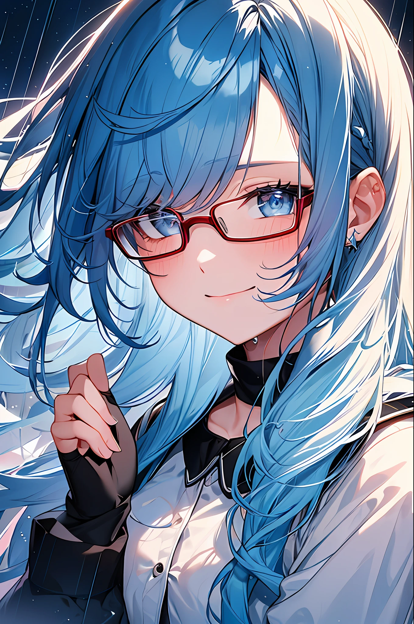 (Masterpiece, Top Quality, Best Quality, Watercolor (Medium), Official Art, Beautiful and Aesthetic: 1.2), (1 Girl: 1.3), (Fractal Art: 1.3), Star-shaped Pupil, Watching Viewer, Pattern, (Blue Hair, Light Blue Hair, Half Blue and Half Light Blue Hair: 1.2), Water, Liquid, Clouds, Colorful, Starry Sky, Stars, Smile, Glasses, Close Up, Rain, Wet, Red Moon, School Uniform, Glittering Eyes,