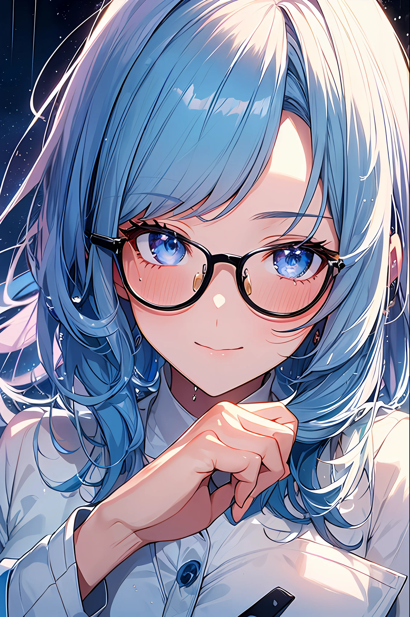 (Masterpiece, Top Quality, Best Quality, Watercolor (Medium), Official Art, Beautiful and Aesthetic: 1.2), (1 Girl: 1.3), (Fractal Art: 1.3), Star-shaped Pupil, Watching Viewer, Pattern, (Blue Hair, Light Blue Hair, Half Blue and Half Light Blue Hair: 1.2), Water, Liquid, Clouds, Colorful, Starry Sky, Stars, Smile, Glasses, Close Up, Rain, Wet, Red Moon, School Uniform, Glittering Eyes,