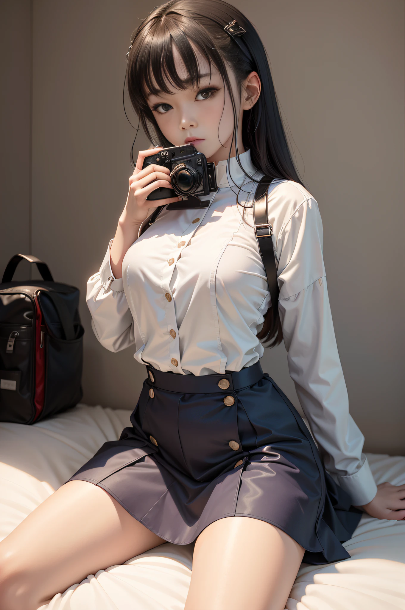 a woman sitting on top of a bed holding a camera, a stock photo, inspired by Wang Yuanqi, pixiv, dau-al-set, shackles in his hands, dressed a long white, youtube thumbnail, skintight, photo still of, hold, mika pikazo, restrained, had, gape, in a dungeon, suki