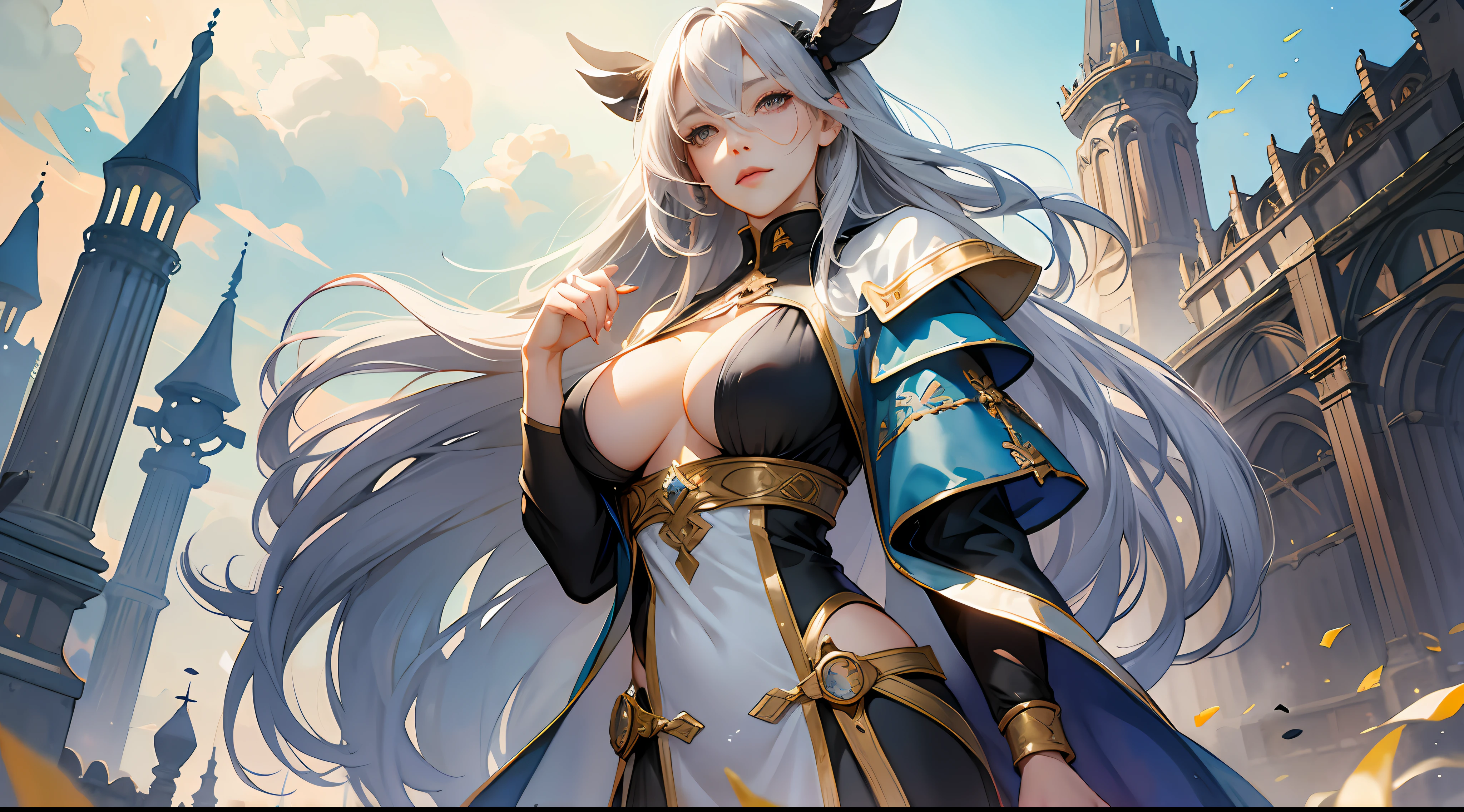 (watercolor: 1.2), maga, bangs, gray hair, long hair, gray eyes, hair between eyes, blurred background, high resolution, large breasts, full body, fantasy, medieval --auto --s2