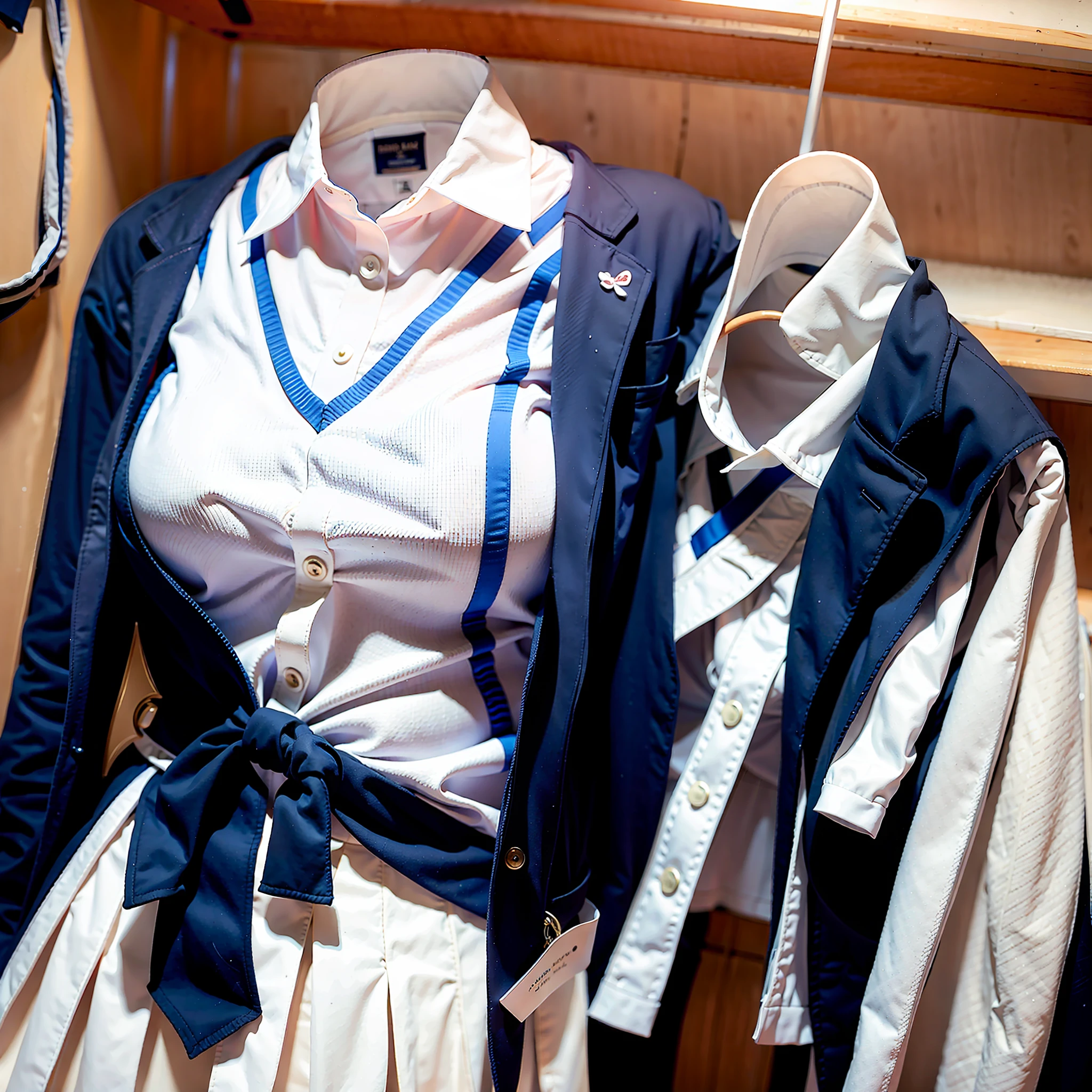 hanger school uniforms in closet raise their sleeves as if invisible girl wear it, school uniforms swells as if possessed by invisible girls, school uniforms have huge breasts, (((((no humans))))), (headless), faceless, invisible girls, from above, (hanger), jk ribbon on the neck, (in closet), armpits, hand on hip, (masterpiece), missing limb, absurdres, invisible, huge breasts