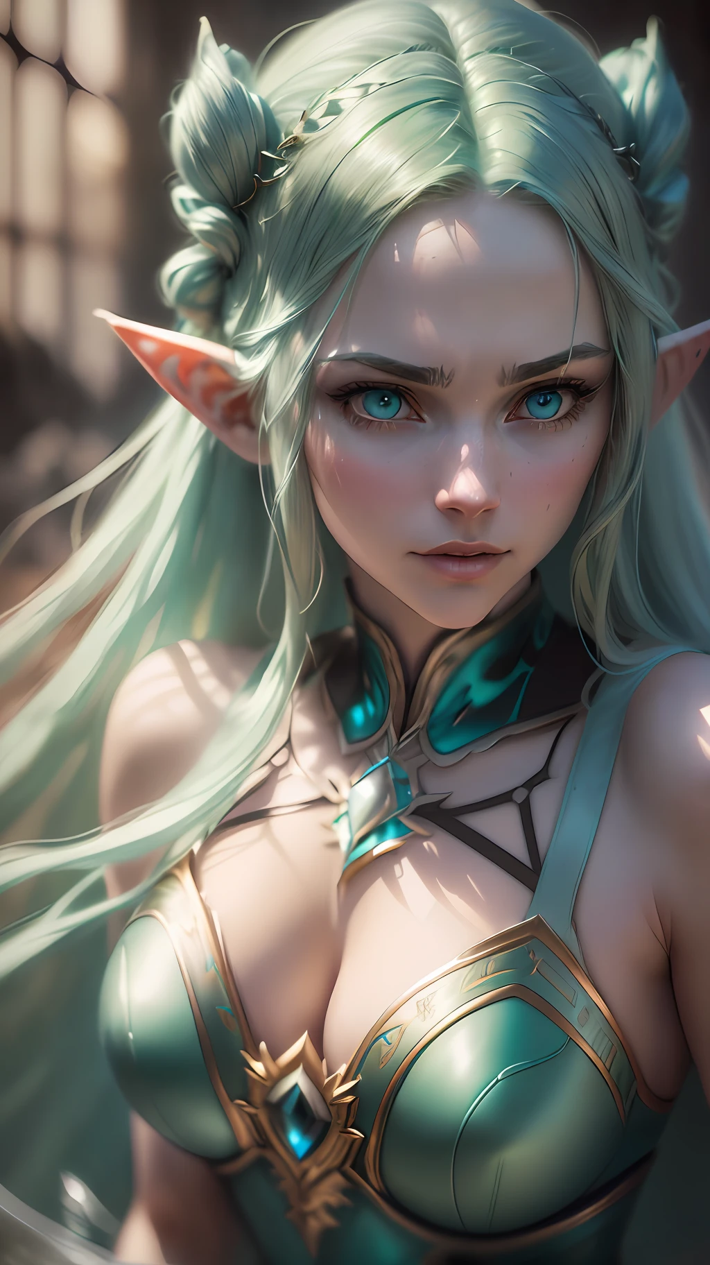Beautiful elf girl, (( long flowing green hair flying, bright pale blue eyes)),  beautiful pale makeup, color portrait, stunning, striking blue eyes, pastel blue eyes, cleavage, black armor, large breasts, gold dust spread across the skin and face, (dark, hyper-realistic photos (((portrait))) of glass refraction 1vase, background of post-apocalyptic ruins,(((HDR+)))), textures of 4mm, 8k, soft cinematic light, Adobe Lightroom, Photolab, HDR, intricate, elegant, highly detailed, sharp focus, ((((((cinematic appearance)))), soft tones, insane details, intricate details, hyperdetailed, low contrast, soft cinematic light, faint colors, exposure mix, faded, slate atmosphere)