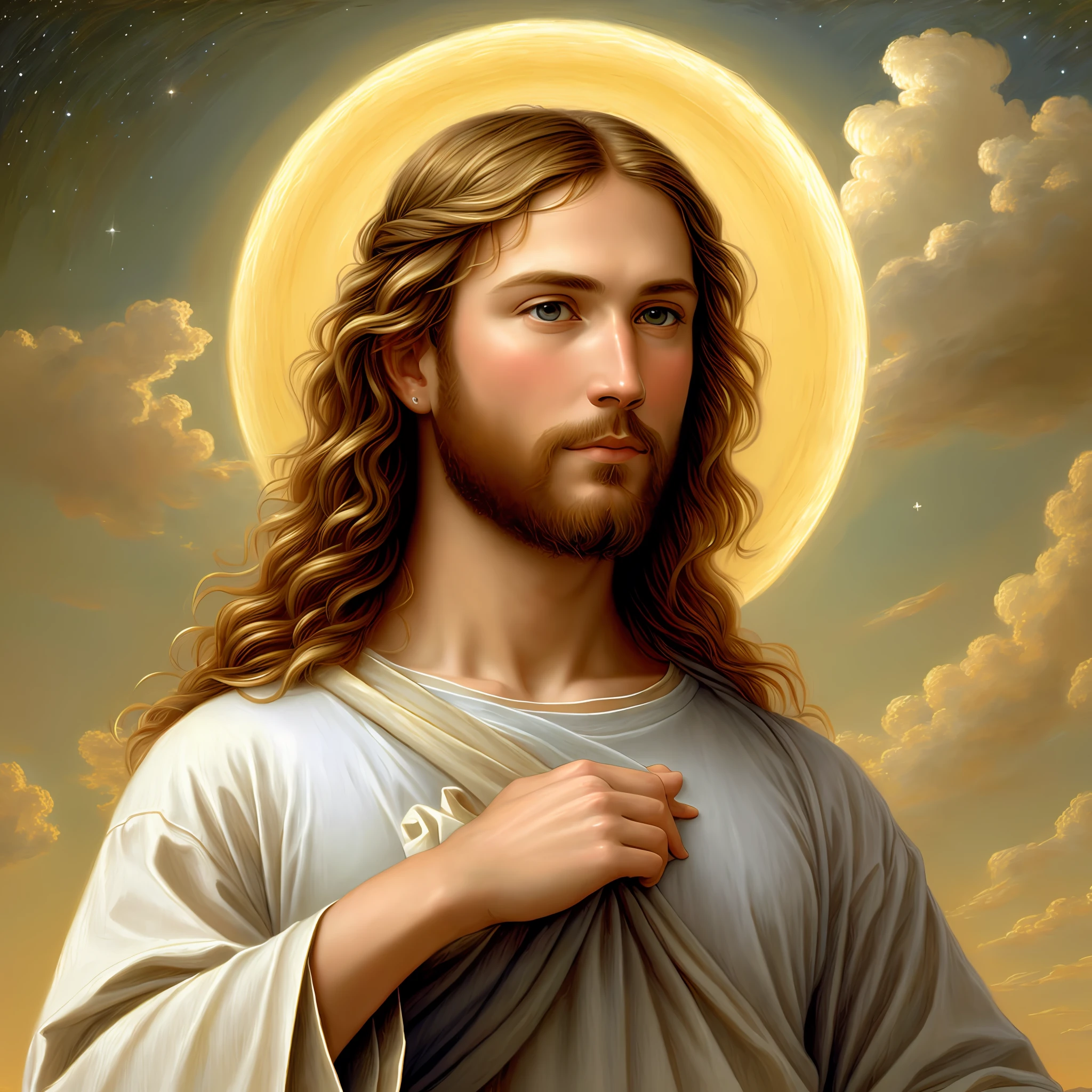 Jesus Christ, Christian art, high quality, highly detailed, (heavenly bodies), painting, in the style of Greg Olsen
