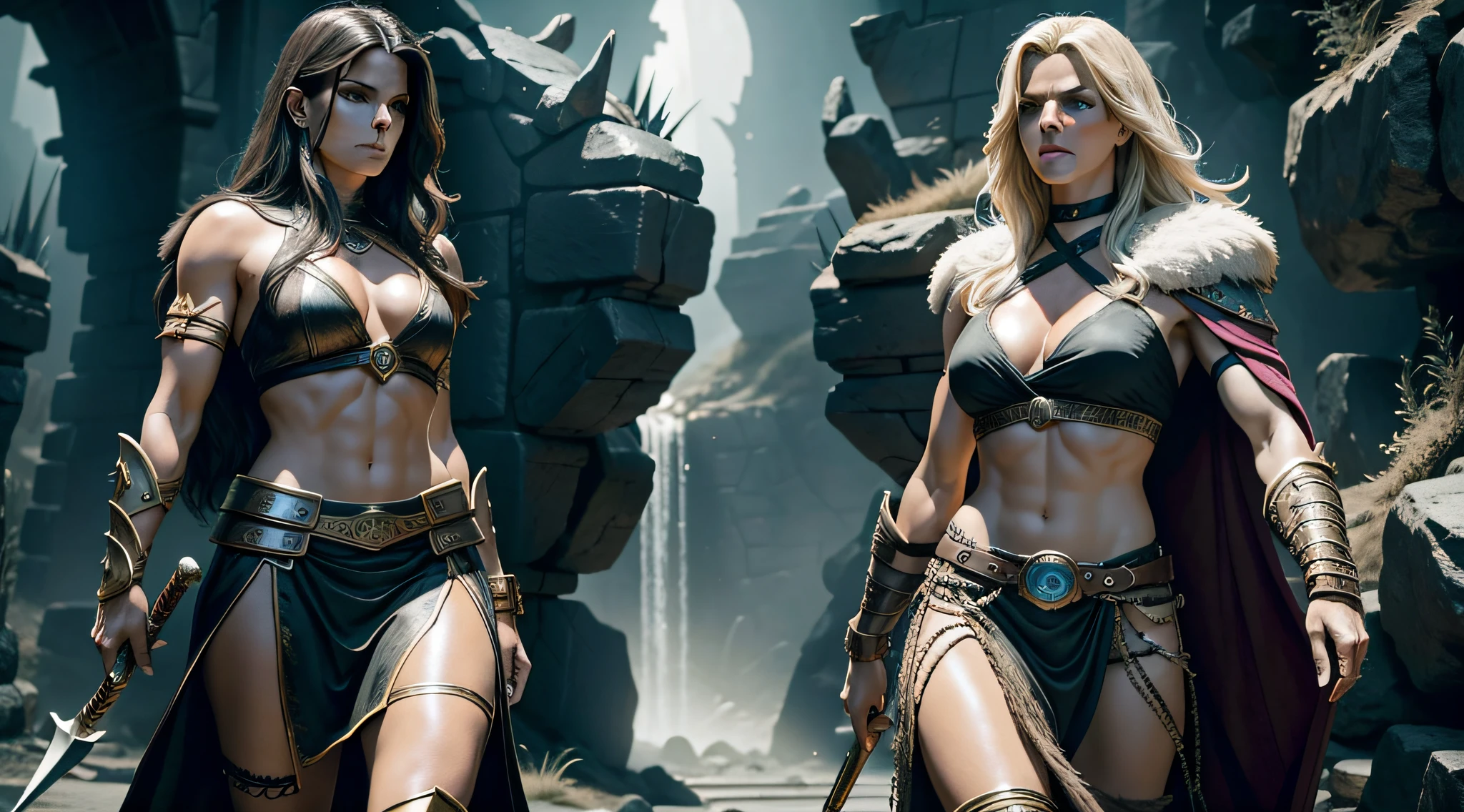 sandra bullock and charlize theron as a she barbarian from dungeons and dragons, DnD, in the style of realistic and hyper-detailed renderings,dungeons and dragons, 8k, detailed eyes, perfect eyes, epic , dramatic , fantastical, full body , intricate design and details, dramatic lighting, hyperrealism, photorealistic, cinematic, 8k, detailed face, Dramatic photo, epic photo, whole body, barbarian,