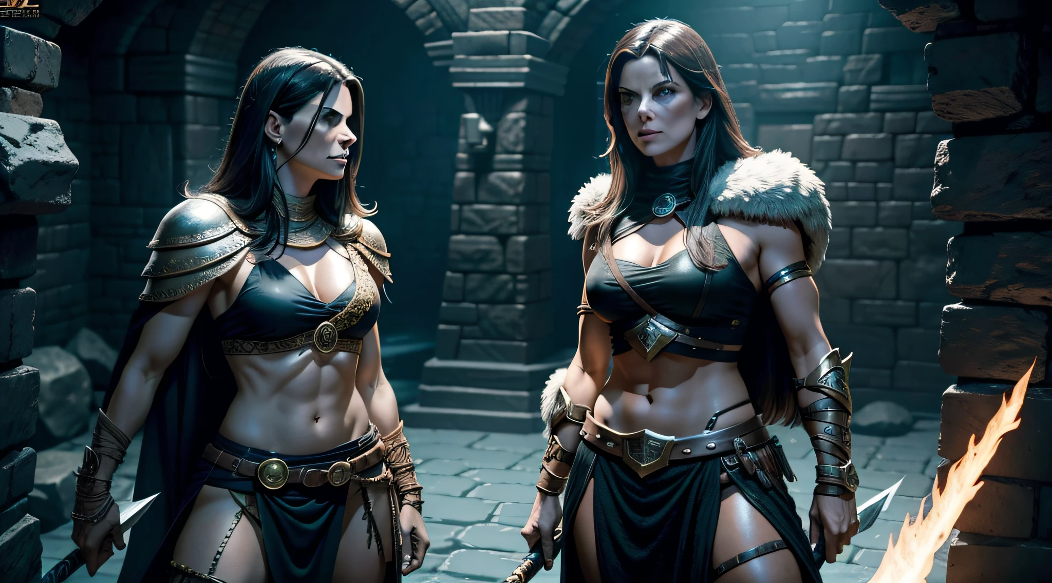 sandra bullock and charlize theron as a she barbarian from dungeons and dragons,  DnD, in the style of realistic and hyper-detailed renderings,dungeons and dragons, 8k, detailed eyes, perfect eyes, epic , dramatic , fantastical, full body , intricate design and details, dramatic lighting, hyperrealism, photorealistic, cinematic, 8k, detailed face, Dramatic photo, epic photo, whole body, barbarian,