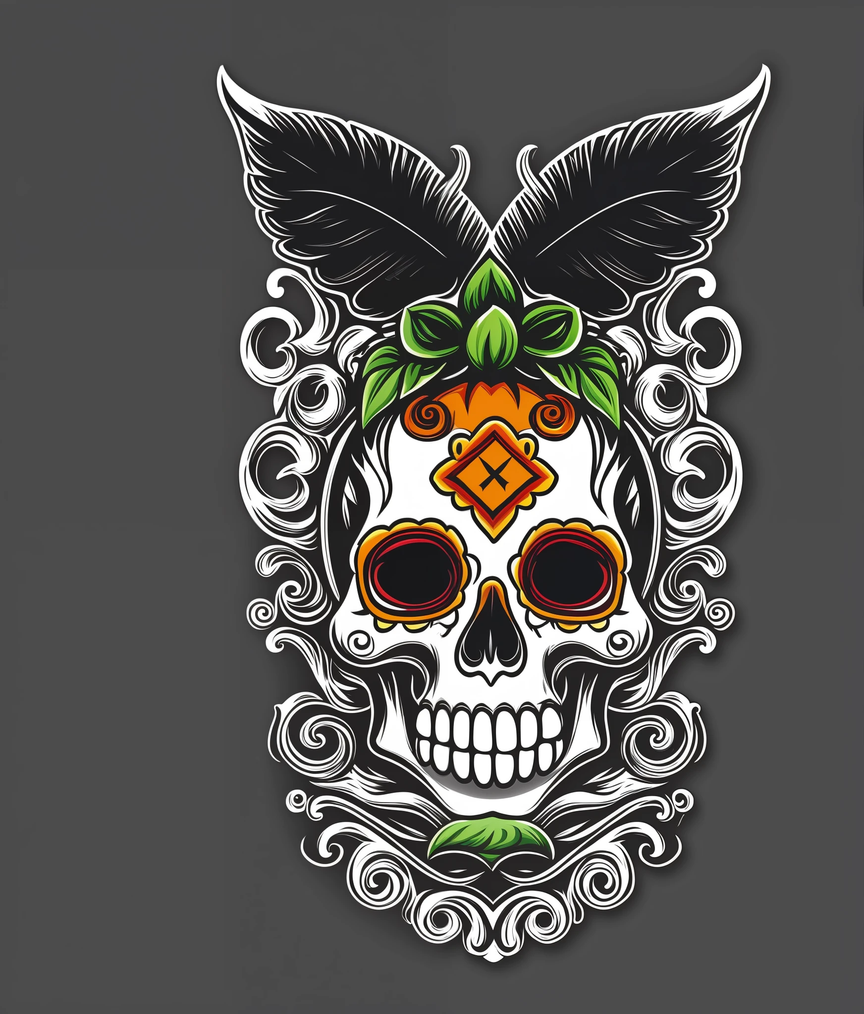 Mexican skull, vintage style, (T-shirt design), realistic volumetric light of masterpiece, white strokes, in 3d