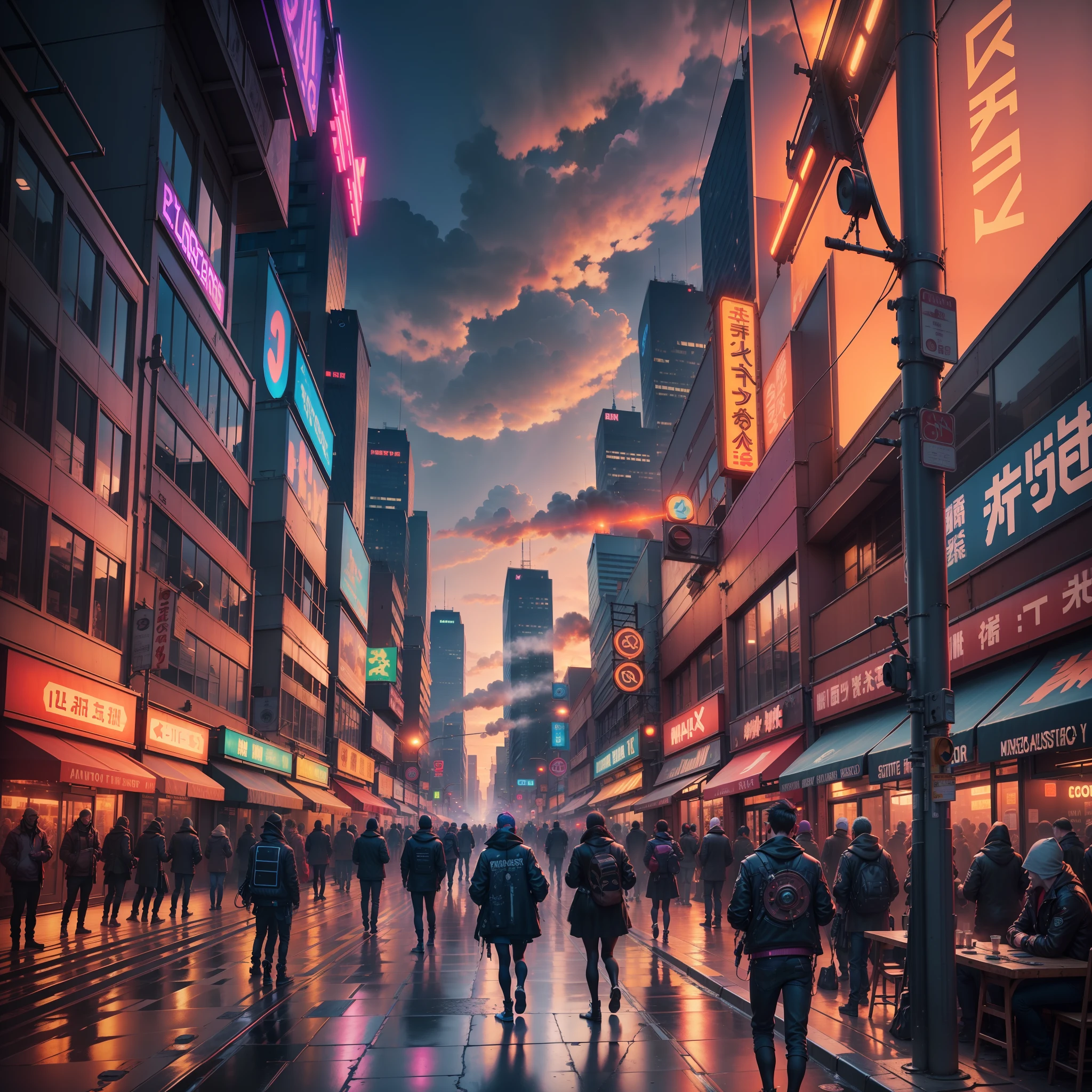 Masterpiece, Photography Award-Awarded, City, Neon, Pedestrian, Punk Style, Steam ((Steam: 1.4)), Sunset,