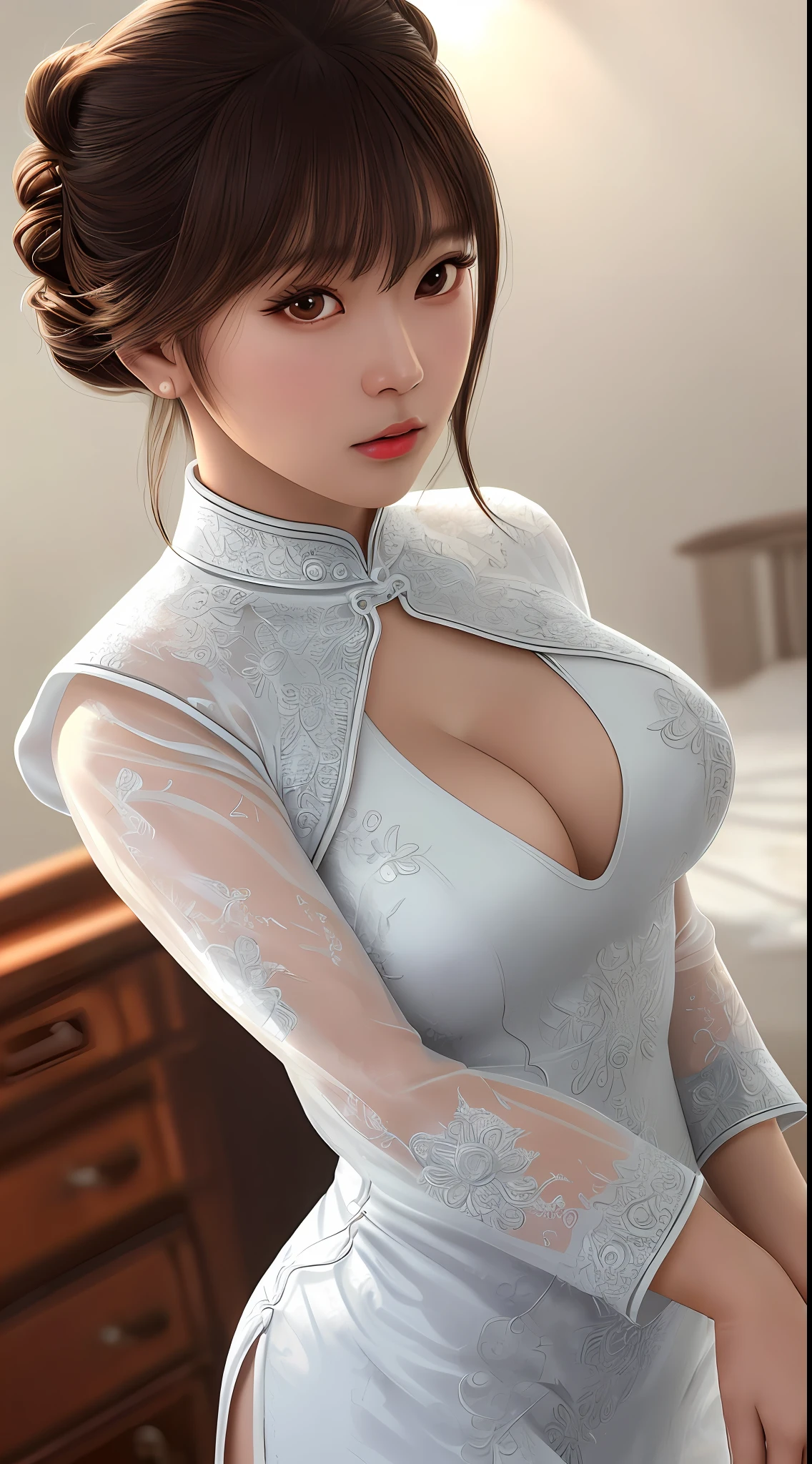 upper body, masterpiece, best quality, raw photo, photorealistic, big, face light, shiny skin, high resolution, super detail, detail, detailed eyes and face, sharp pupils, realistic pupils, sharp focus, troubled face, bedroom, shiny breasts, sexy cheongsam, white decoration dress, brown hair, hair bunched up on top