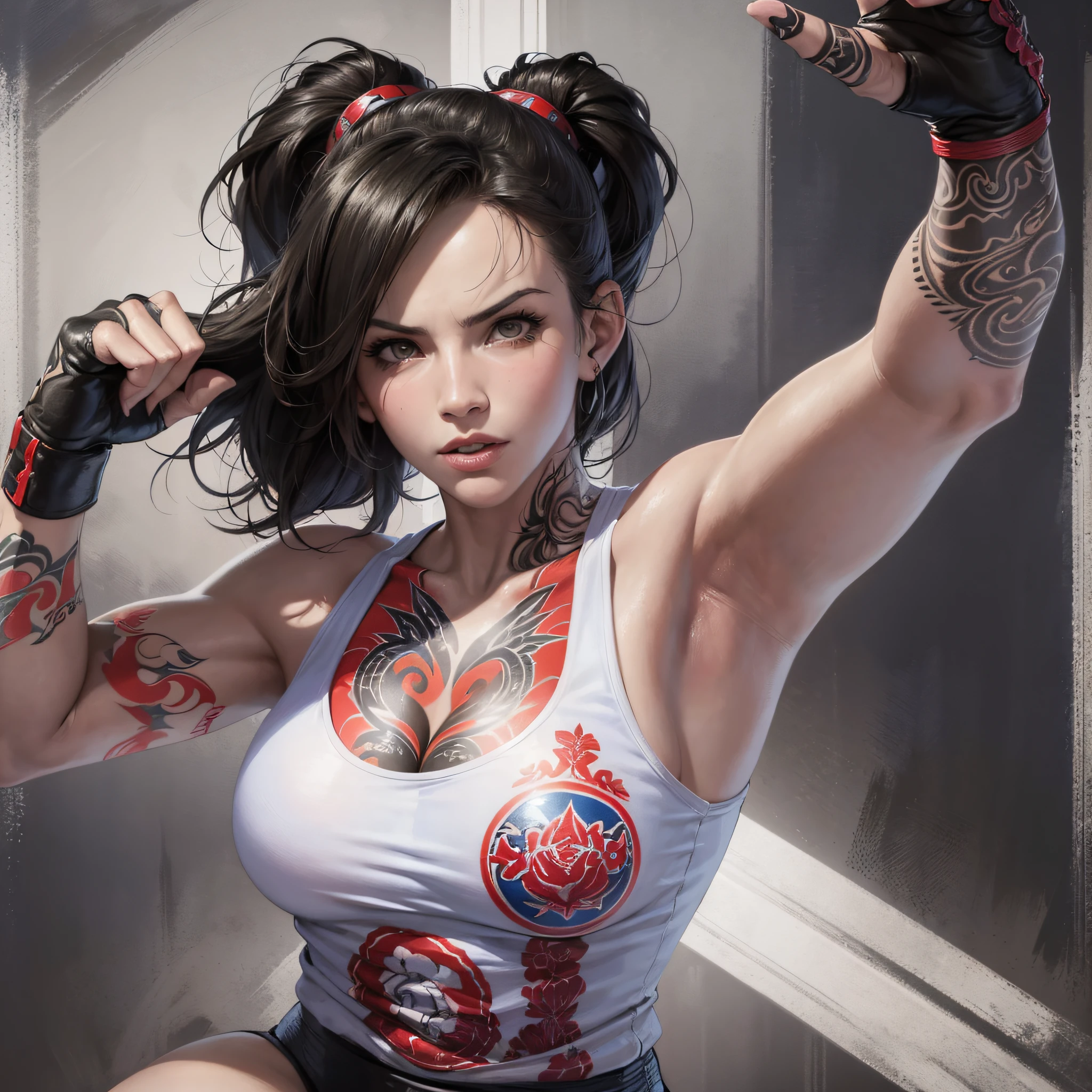a close up of a woman with tattoos on her arms and a boxing ring, fighter pose, posing for a fight intricate, inked, fighting game character, posing ready for a fight, james gurney painting style, as a character in tekken, badass pose, beautiful digital artwork, tattooed body, fight pose, in a fighting pose, by Eddie Mendoza