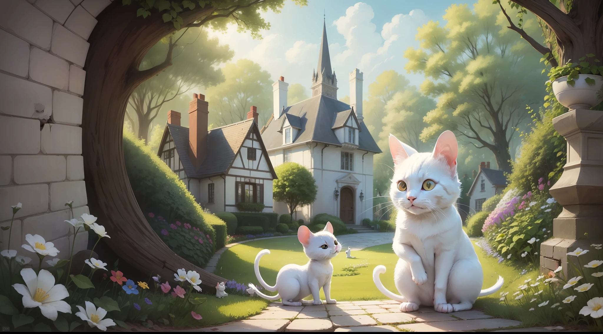 A white cat and mouse, happy, coming out of a hole in the ground in a beautiful garden of a beautiful house in the background, draw only the mouse and the cat, the bottom of the hole should be dark