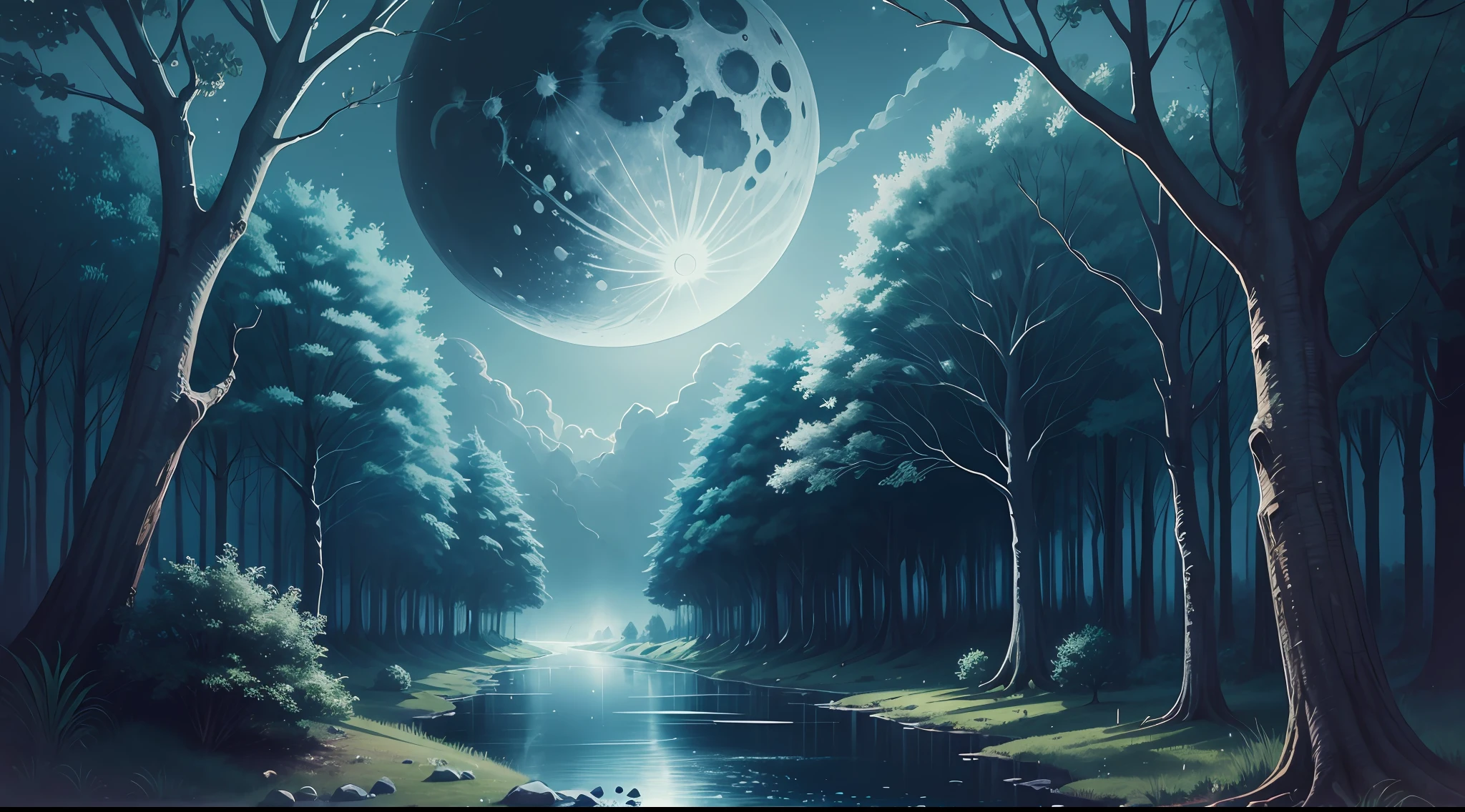 landscape, magic, trees, a single moon, nocturnal --auto --s2