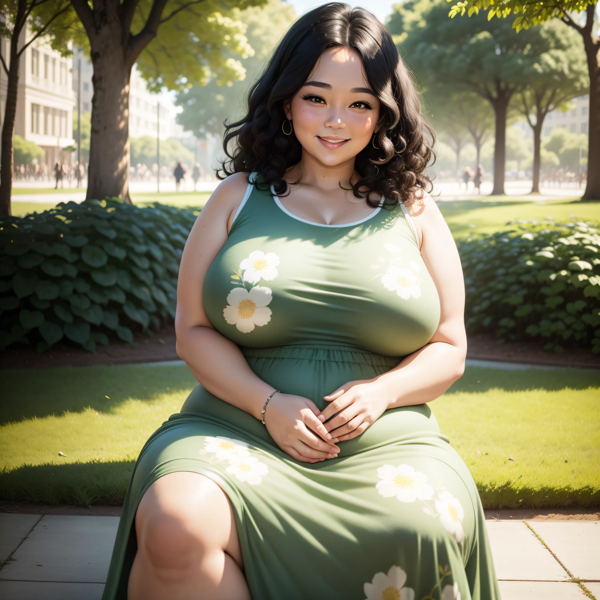 Woman, white, fat, 90 kilos, plus size, 40 years old, black curly hair, smiling, one late afternoon, in the park, in a flowery green printed dress