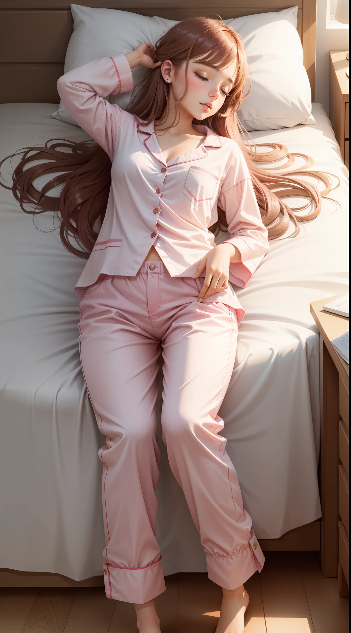 Sleeping girl, 22 years old, realistic, she is wearing long pants, she is wearing pink pajama, brown hair.