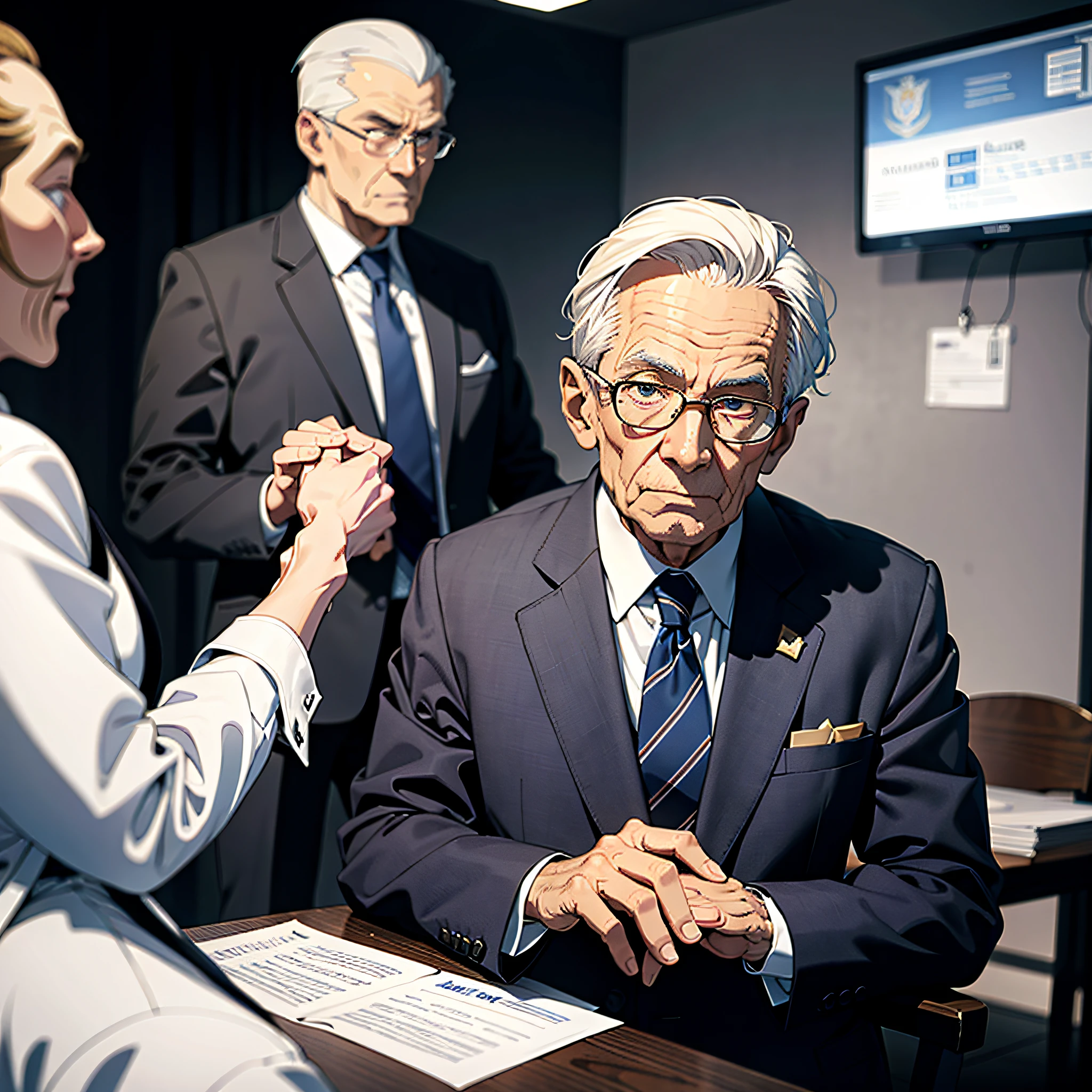 An elderly man in a suit is holding a meeting (1.5) with a majestic and serious expression against the background of a large combat command