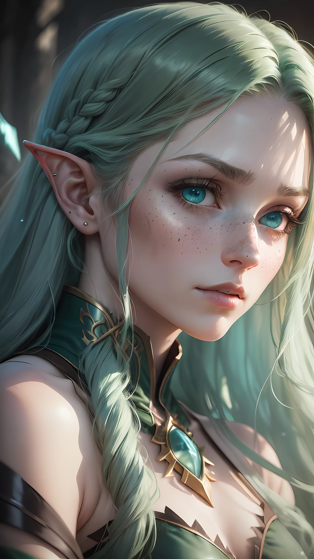 a portrait of an elf, (( long flowing green hair flying, bright pale blue eyes)), 60mm portrait, beautiful pale makeup, color portrait, editorial portrait, light freckles,50mm portrait, stunning portrait, elegant freckles, striking blue eyes, pastel blue eyes, cleavage, black armor, black glove, blood, large breasts, gold dust spread across the skin and face, (dark, hyper-realistic photos (((portrait))) of glass refraction 1vase, background of post-apocalyptic ruins,(((HDR+)))), textures of 4mm, 8k, soft cinematic light, Adobe Lightroom, Photolab, HDR, intricate, elegant, highly detailed, sharp focus, ((((((cinematic appearance)))), soft tones, insane details, intricate details, hyperdetailed, low contrast, soft cinematic light, faint colors, exposure mix, faded, slate atmosphere)