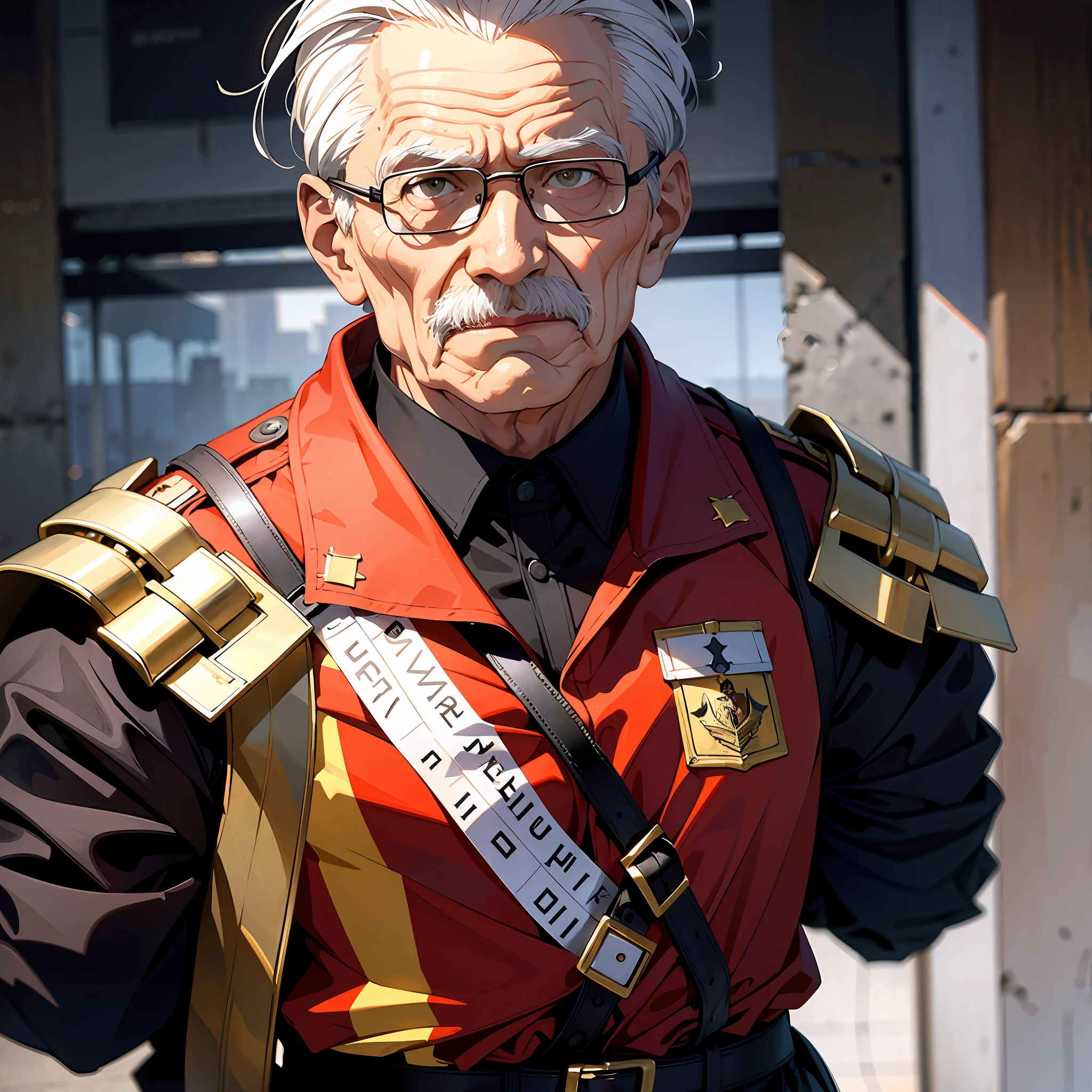 An elderly man dressed as a guard is holding a meeting (1.5) with a majestic and serious expression against the background of a large combat command