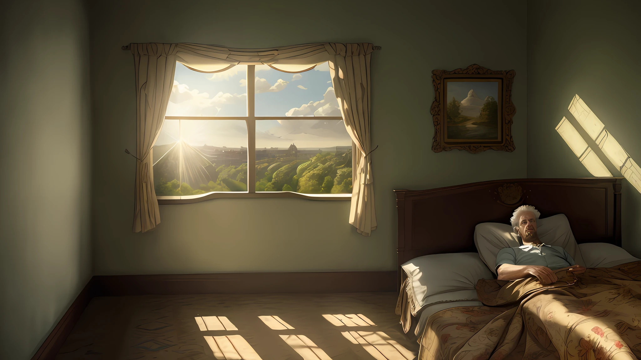 masterpiece, Highly detailed, super realistic, 4k, 8k, detailed background, bright Lighting, Daylight,  Victorian style,
(sanatorium), (windows and curtains), (bed), (man in panties lying on his back in bed)
