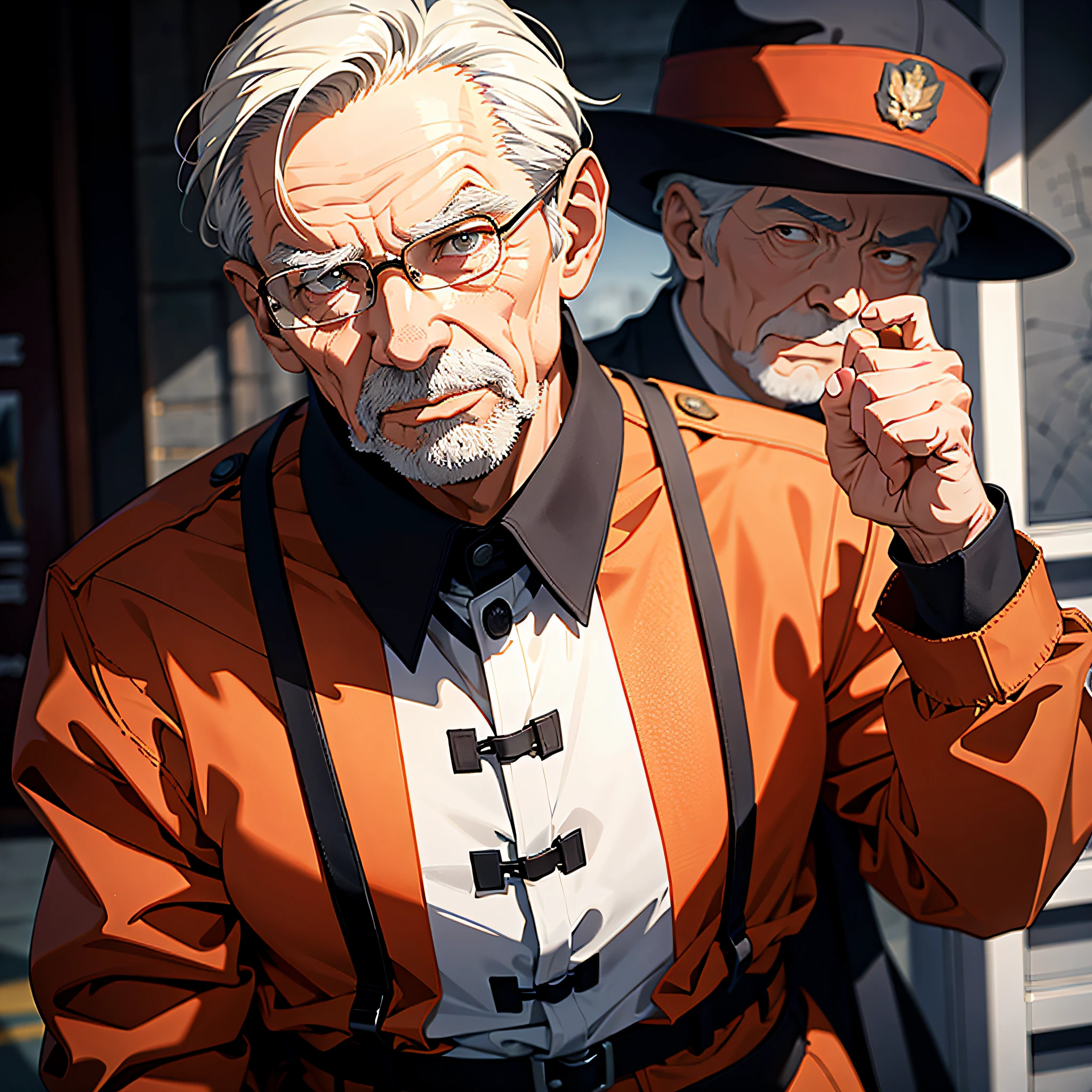 An elderly man dressed as a guard is holding a meeting (1.5) with a majestic and serious expression against the background of a large combat command