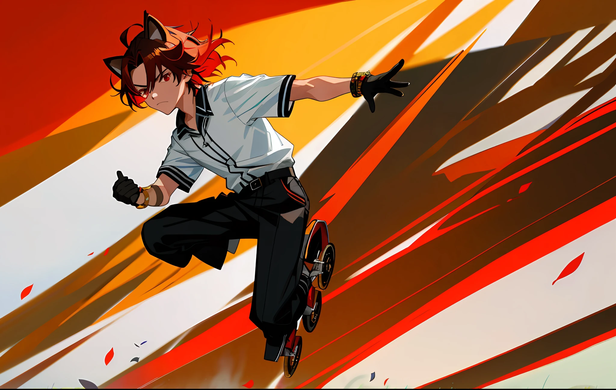 (masterpiece, best quality), solo, sfw, 1boy, male focus, black middle part hair, medium hair, red highlights, flowerfield background, red eyes, stoic face, male, hedgehog ears, annoyed, white gloves, rollerskates, shadow shoes, rollerskating, hedgehog tail, black oversized shirt, black big loosen pants, white cuffed socks, two golden arm bracelets, tan skintone
