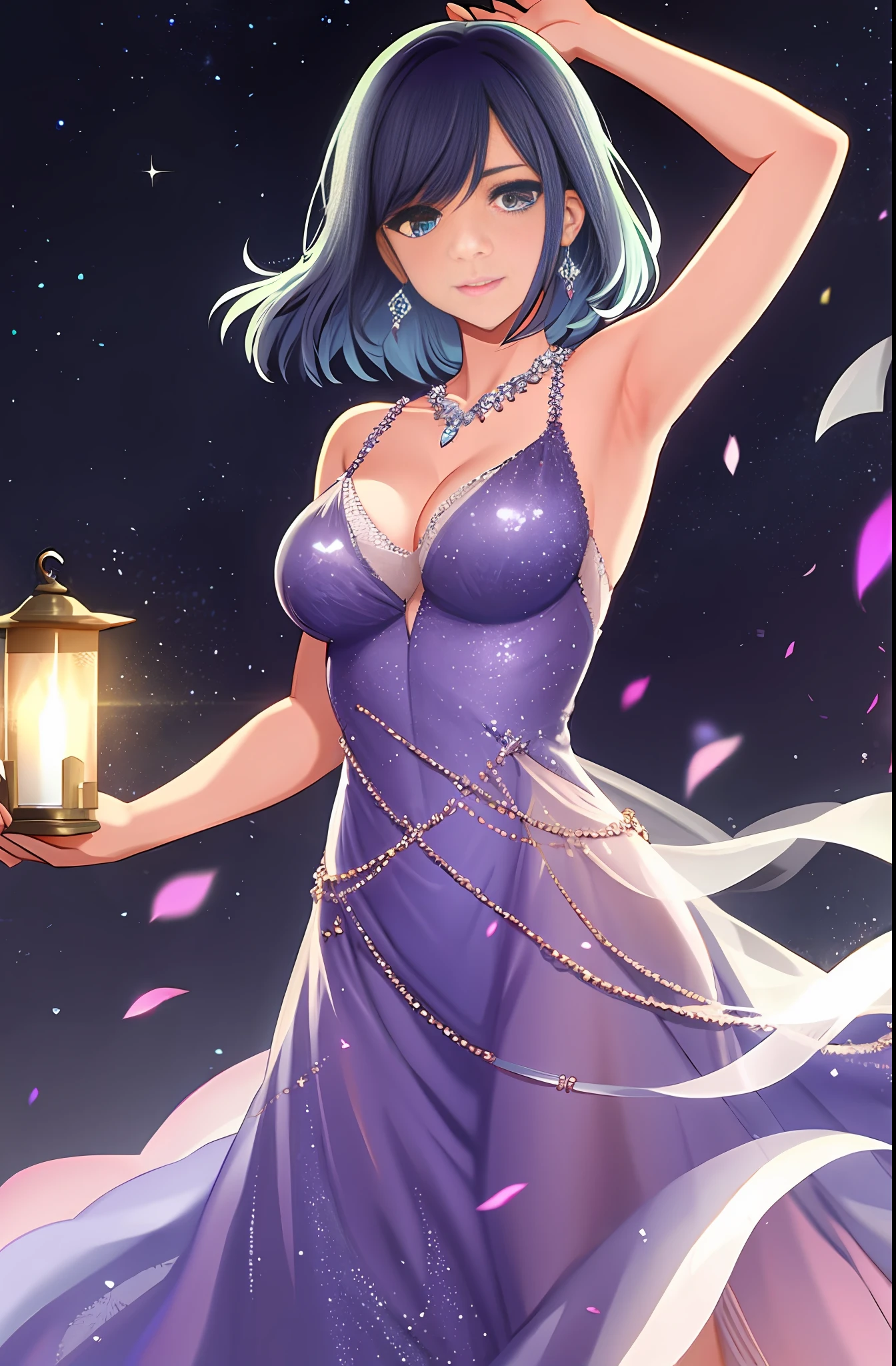 (extremely delicate and beautiful:1.2),1girl, bangs, blue eyes, blurry background, closed mouth, from front, lantern, light particles, evening gown, dress, cleavage, necklace, earrings, jewelry, sleeveless, bare shoulders, looking at viewer,  night, solo, upper body,smile,red lips, medium breasts, akane, medium hair, swept bangs, one arm up, armpit