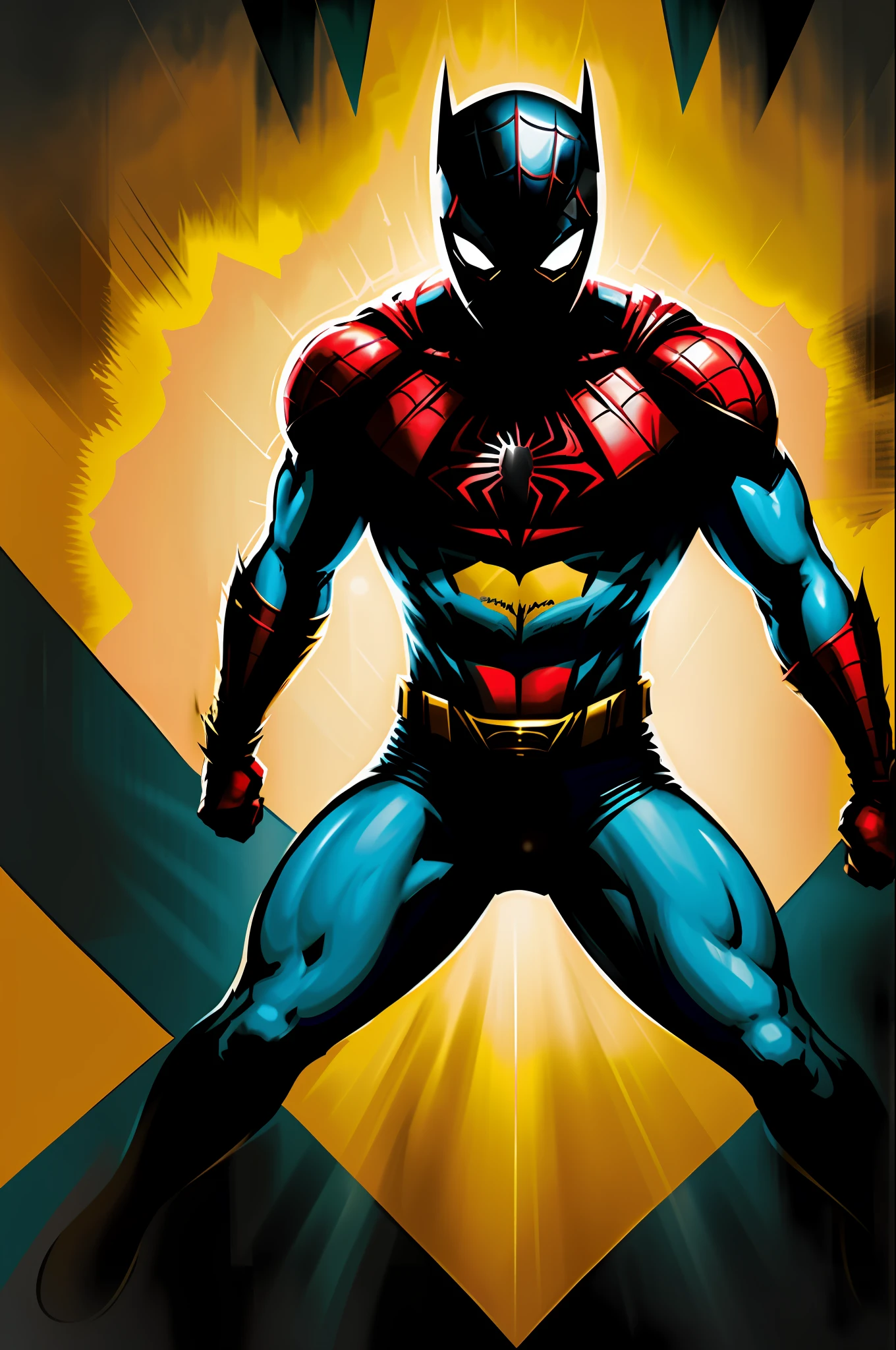/imagine prompt: "A new hero merging Spider-Man Miles Morales, Batman and Superman", a scene of a new hero created from the fusion of the powers and characteristics of Spider-Man Miles Morales, Batman and Superman. The environment is futuristic and edgy, with a sense of mystery and danger surrounding the scene. The camera is focused on close-ups of the hero, with a detailed and dynamic photography style. The artistic medium is illustration, with a focus on creating a sense of movement and energy. The techniques used include clean and strong lines, as well as bold and vibrant colors. The color palette is dominated by shades of blue, black, and red, with touches of yellow and gold. The hero's costume is a fusion of classic Spider-Man, Batman and Superman designs, with intricate details and a sense of power. The result is a stunning illustration, with a sense of strength and authority emanating from the new hero as he embodies the iconic features of the three characters. —C 10 —Air 2:3