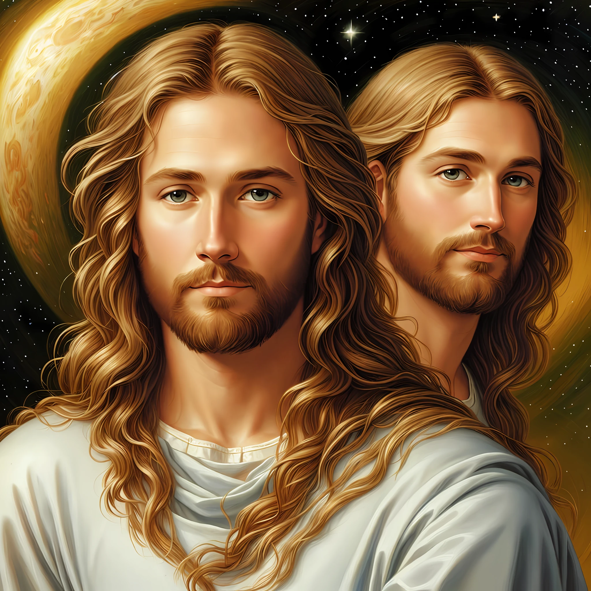 Jesus Christ looking at planet earth, Christian art, high quality, highly detailed, (heavenly bodies), painting, in the style of Greg Olsen