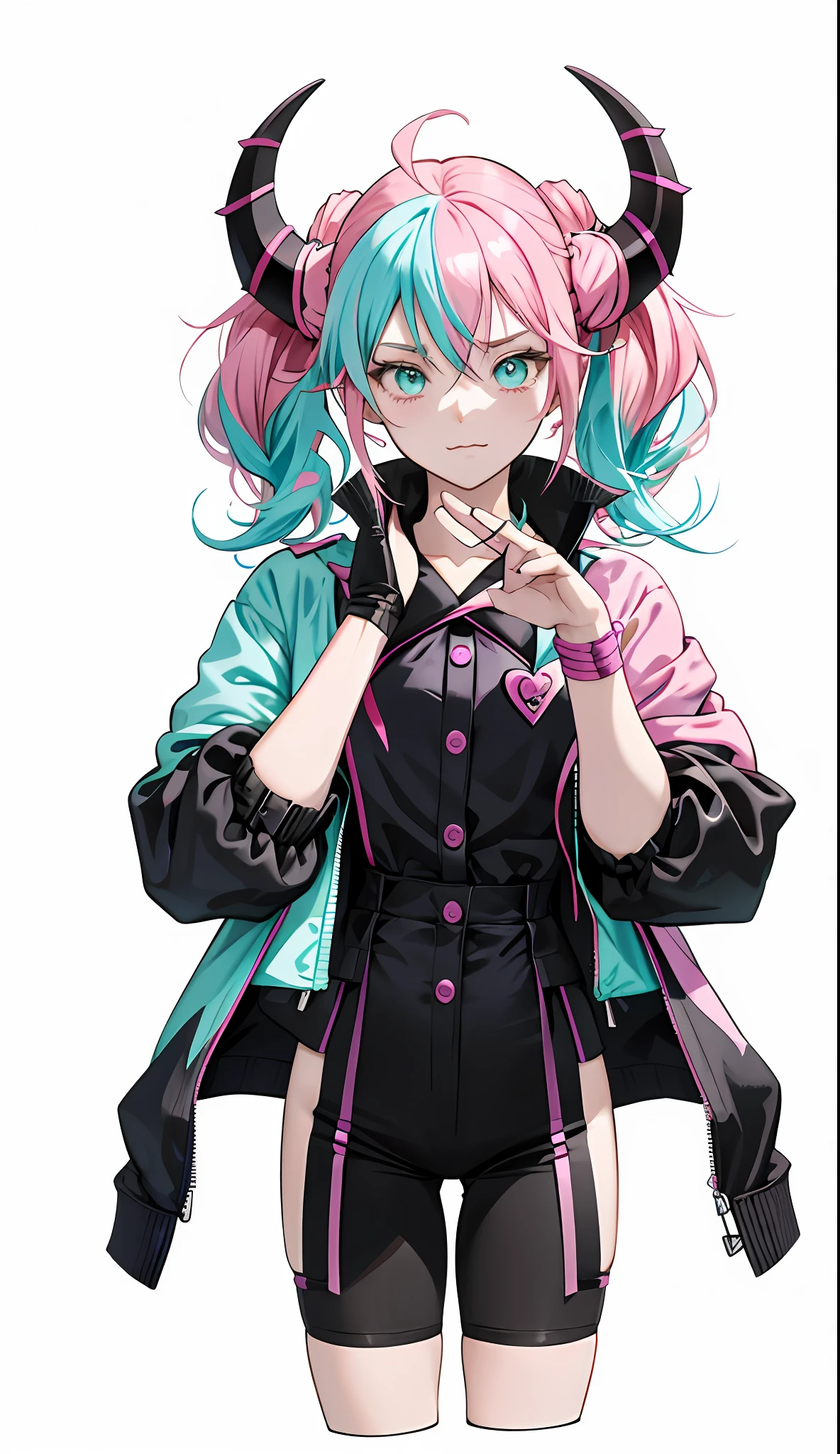 a close up of a person with a pink hair and horns, holding a pudica pose, pudica pose, stylized anime, anime stylized, inspired by Jin Homura, anime styled 3d, gapmoe yandere grimdark, live2d virtual youtuber model, pink twintail hair and cyan eyes, unknown artstyle, lineless