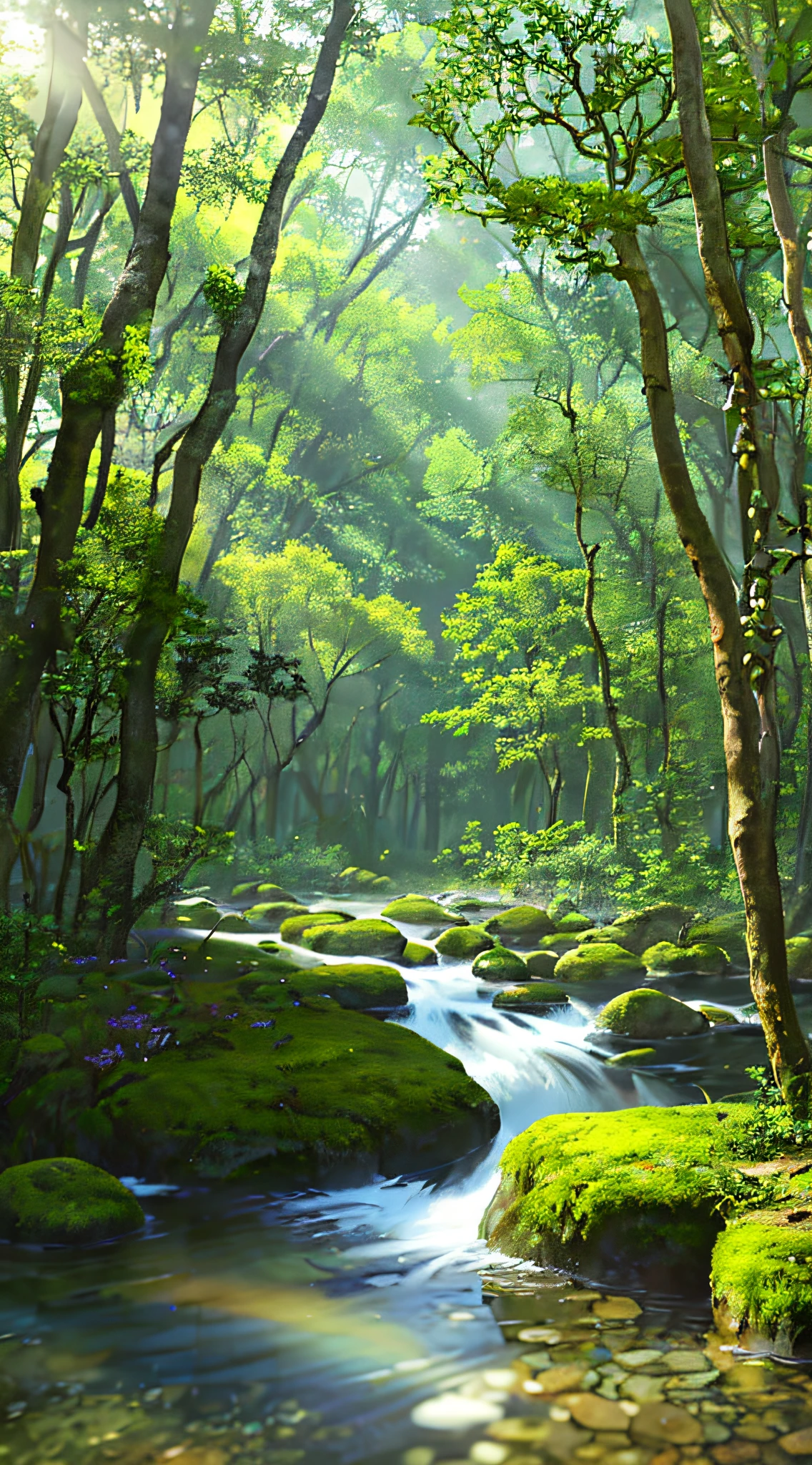 (Best quality)), (no photos of people), in the forest,wild birds, frogs, quiet ponds, wildflowers in the water, streams, rocks, moss,sun illuminating in the background