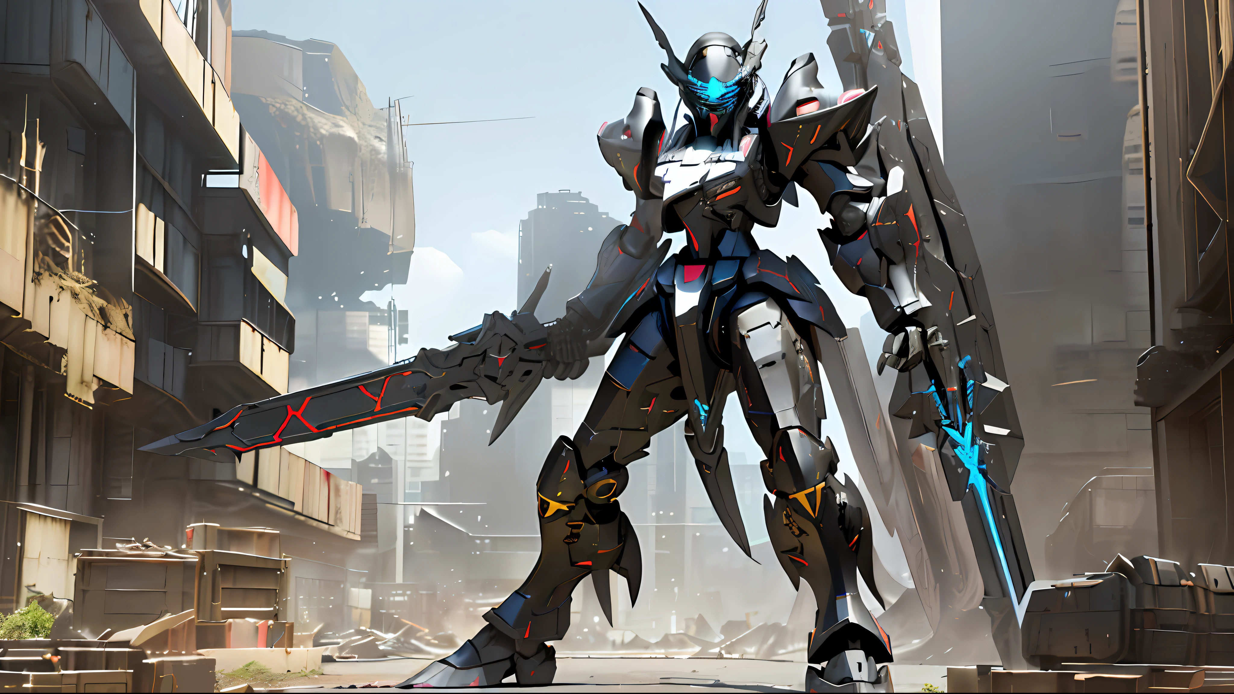masterpiece, best quality, mecha, no humans, (full body), (black armor mecha:1.5), (Axisymmetric:1.4),(HDR), (cinematic light:1.1), blue eyes, science fiction, fire, laser canon beam, war, conflict, destroyed city background holding weapon,(holding huge weapon:1.5), holding Very large shield, mechagirl girl,