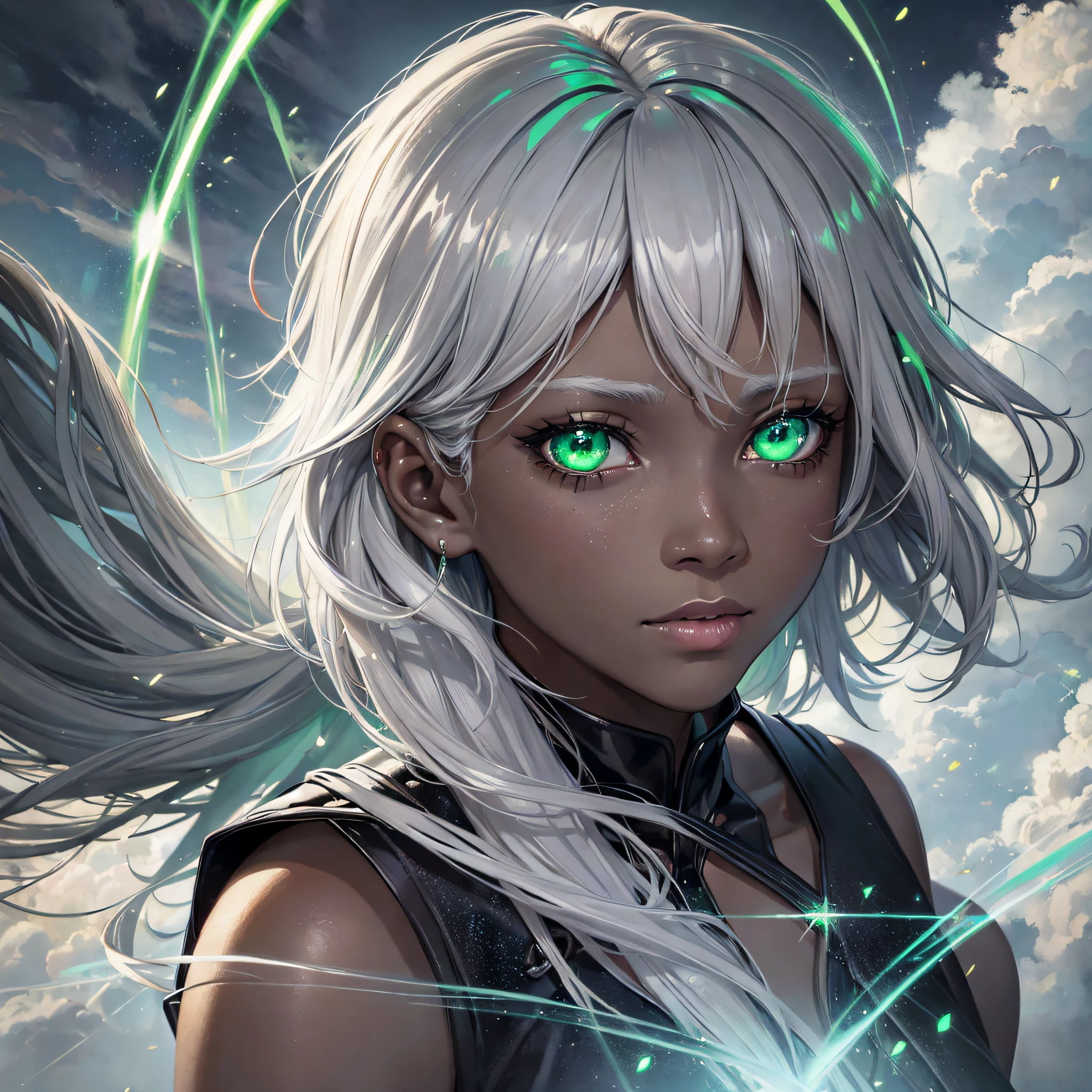 (realistic)(oil paint) (green eyes) dark skin, angel, ultra resolution, high detailed, lightning black dress, gray hair, clouds, sun light, light from above, glowing particles(enlightened)