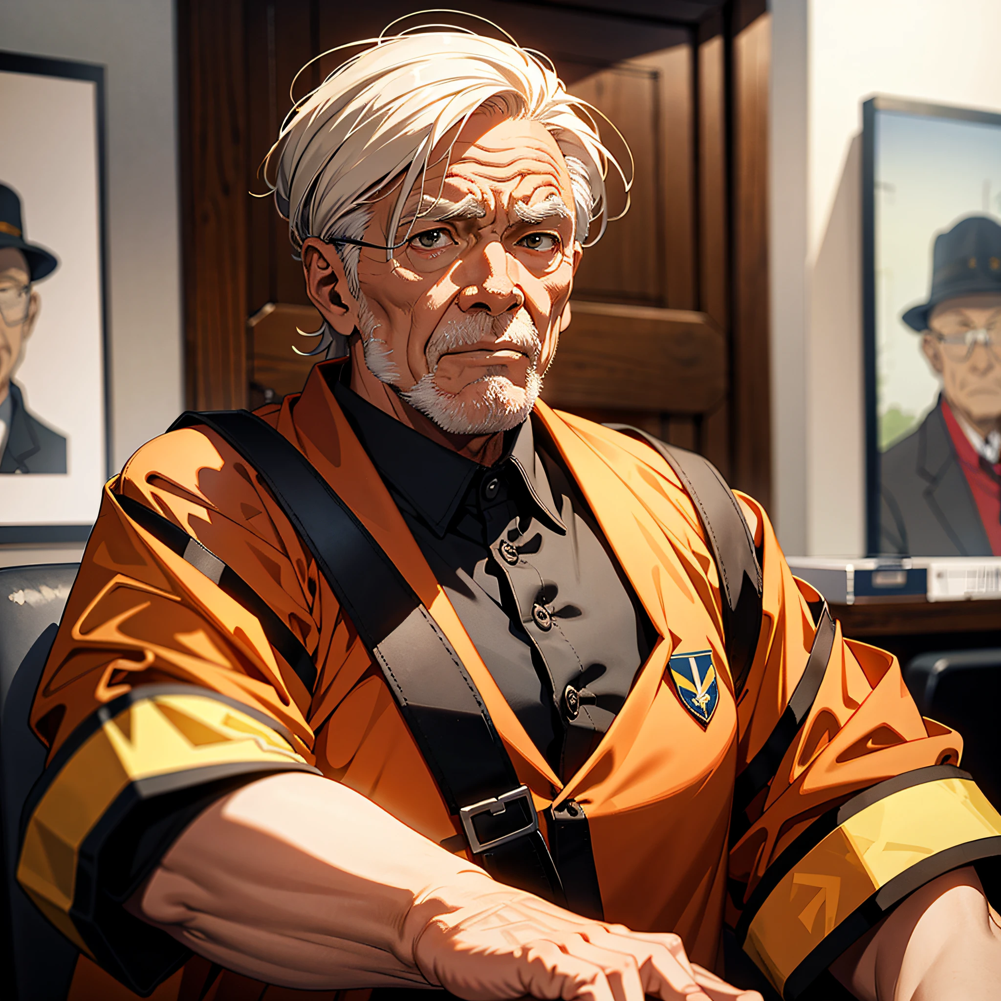 An elderly man dressed as Tang is holding a meeting (1.5) with a majestic and serious expression, and the background is a large combat command