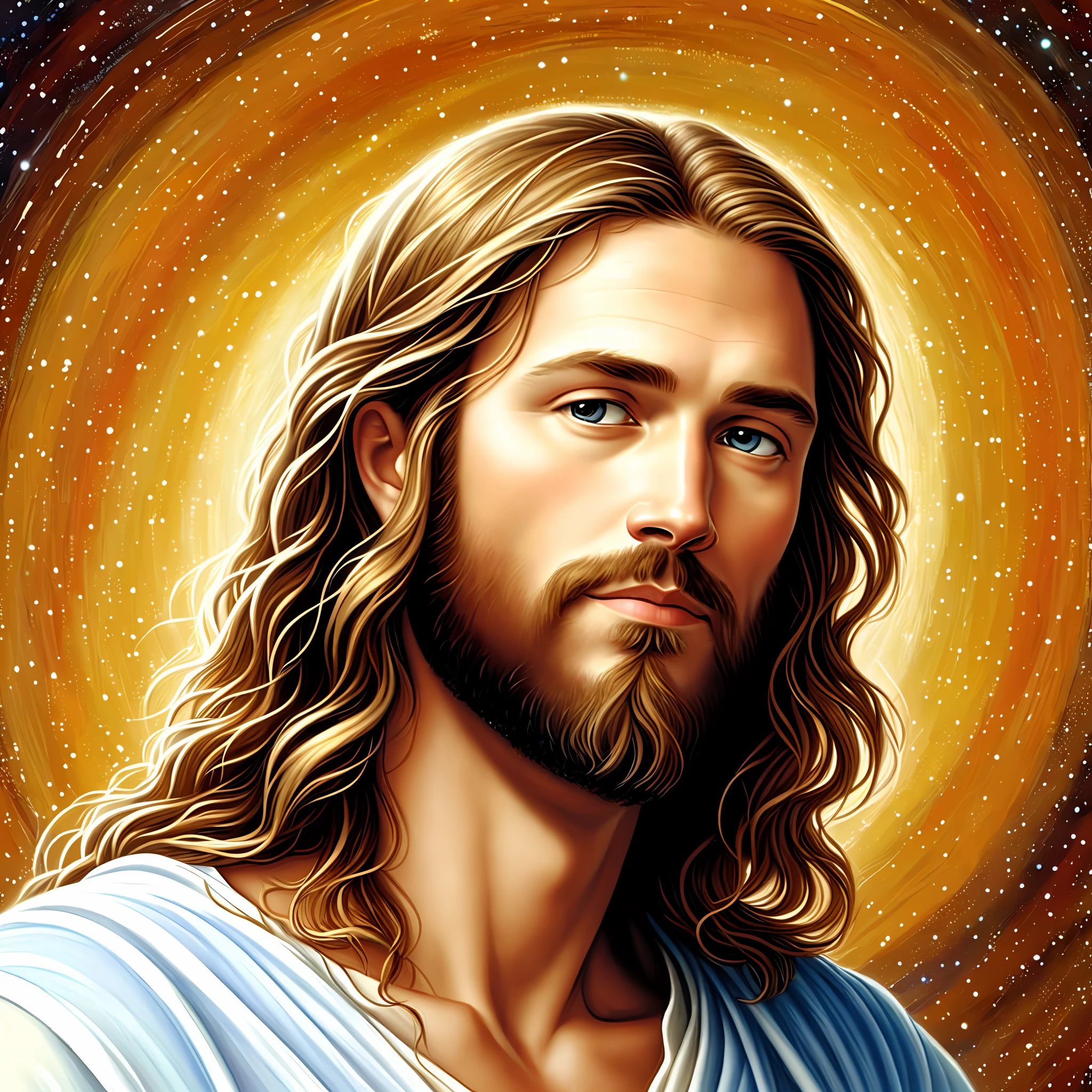 Jesus Christ looking at planet earth, Christian art, high quality, highly detailed, (heavenly bodies), painting, in the style of Greg Olsen