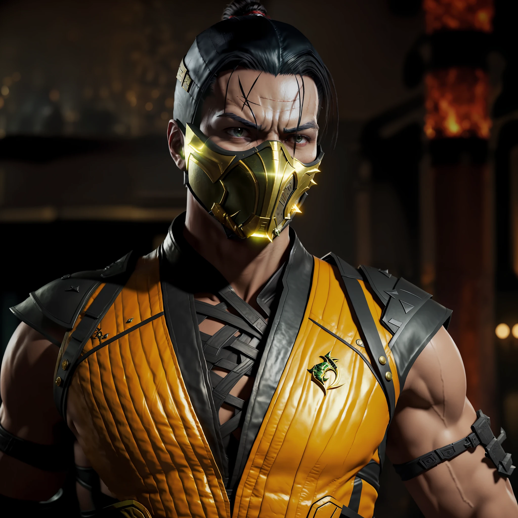 A closeup of a person wearing a mask and a leather vest, Mortal Kombat 11, Mortal Kombat character, Mortal Kombat Scorpion in Mortal Kombat, Goro in Mortal Kombat, Snoop Dogg in Mortal Kombat, Mortal Kombat, new character, inspired by Kanō Hōgai, mk ninja, menacing. Unreal 5, as a character in Tekken video game character, mortal kombat, scorpion,fighting position with fire in hands, hyper detailed,relist, ultra 4k,pefito,video game character, mortal kombat, scorpion,fighting position with fire in hands, hyper detailed,relist, ultra 4k,pefito, epic, ultra detailed realistic, photo realistic.