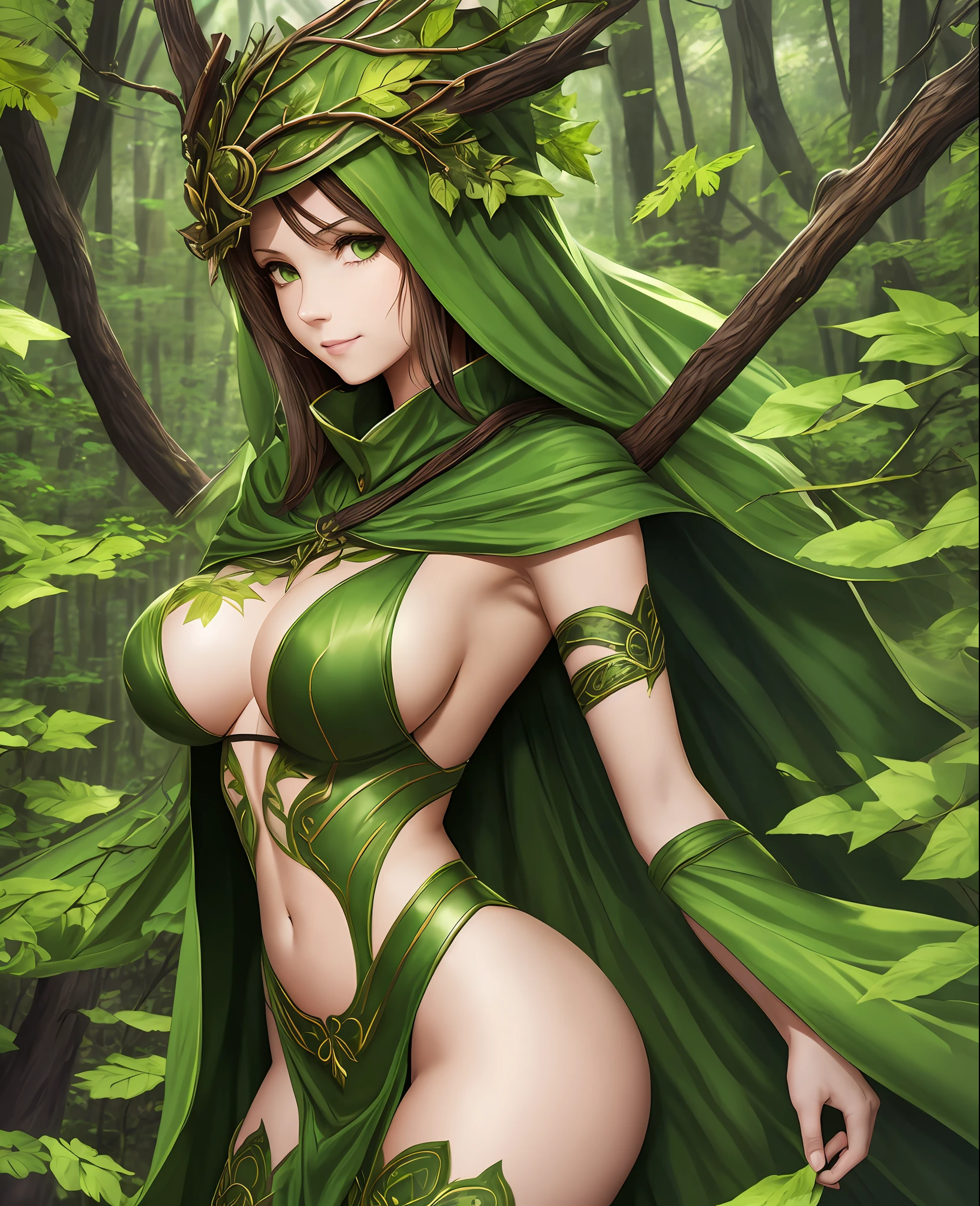fantasy, 1forest_elemental_girl, fighting, (using_leaves_clothes, green_leaves_covered_breasts, leaves_covered_pussy)+++,medium_breasts,dynamic_pose_standing, light_smile, sleepy, medium_hair, navel,(dark_skin)+, oil, (winding_vine_around_torso)++, plump,forest, trees_background, leaves_headgear, green_leaves_cape, hold_large_long_staff, thighhighs, --auto --s2