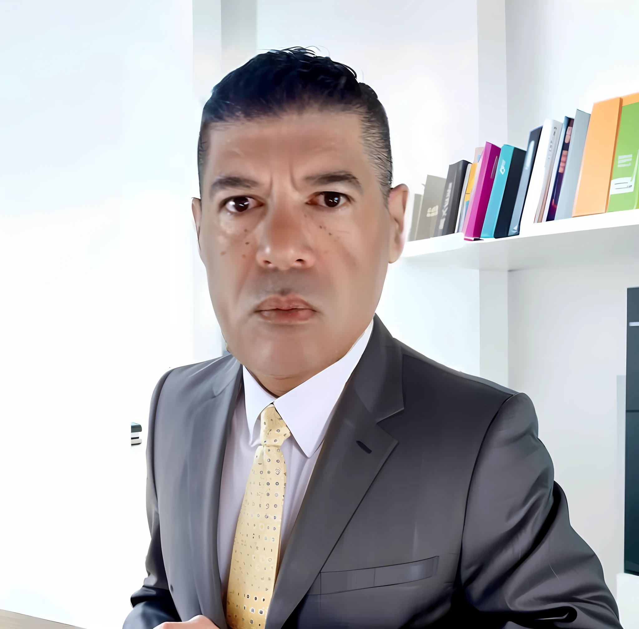 expand the body,half body,sitting in chair behind office desk,put cabinet and shelves with colorful books, and other utensils on the shelves,leptop.dark background