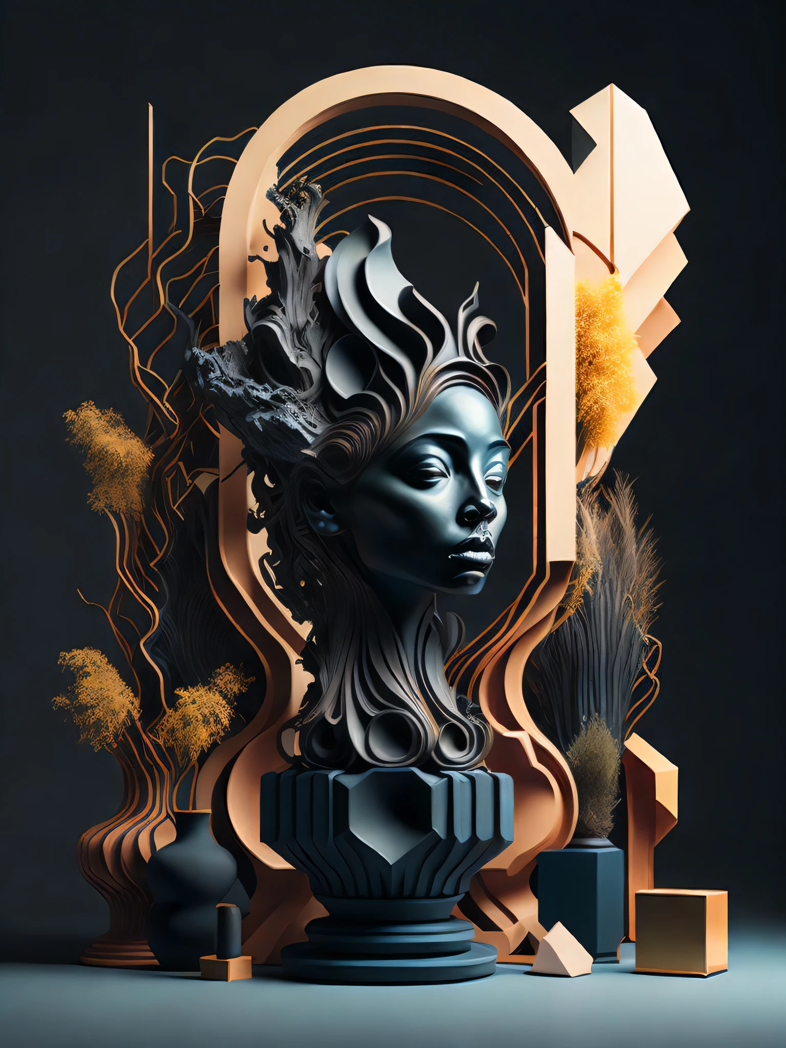 a sculpture of a woman's head surrounded by various pieces of art