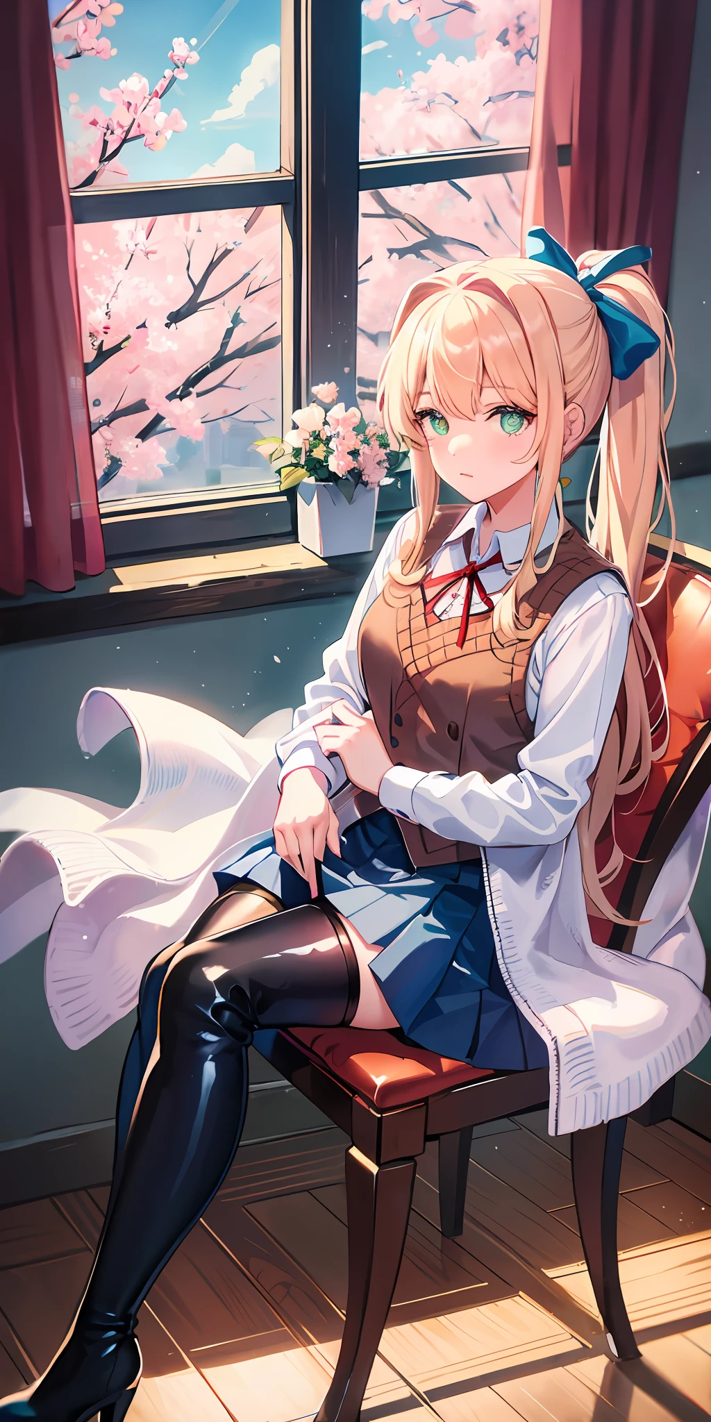 {best quality}, {{masterpiece}}, {highres}, original, extremely detailed 8K wallpaper, 1girl, {an extremely delicate and beautiful},{{{monika}}},beautiful girl,high ponytail,{sitting on chair},{upper body},{{{out of frame}}},blond hair,white bowknot,green eyes,skindentation,platform heel ((thigh boots)),school uniform,pleated skirt,sweater vest,white pantyhose,leather shoes,perspective,looking at window,lovely,school,cherry blossoms and blue sky outside the window,