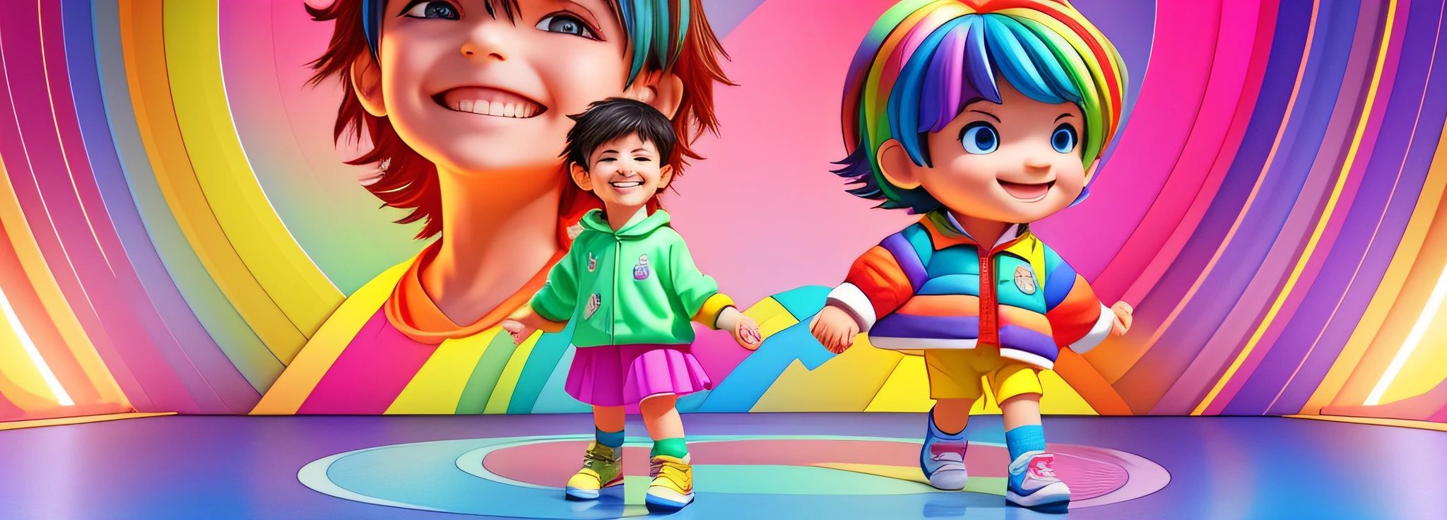 a 10-year-old boy (wearing boy's clothes) and a 3-year-old girl (wearing girls' clothes), he taller than her, together, smiling, holding hands, stepping out from within the circle of several bright colors in a studio setting in the background, loony toons style, cartoon series, loony toons, DreamShaper style