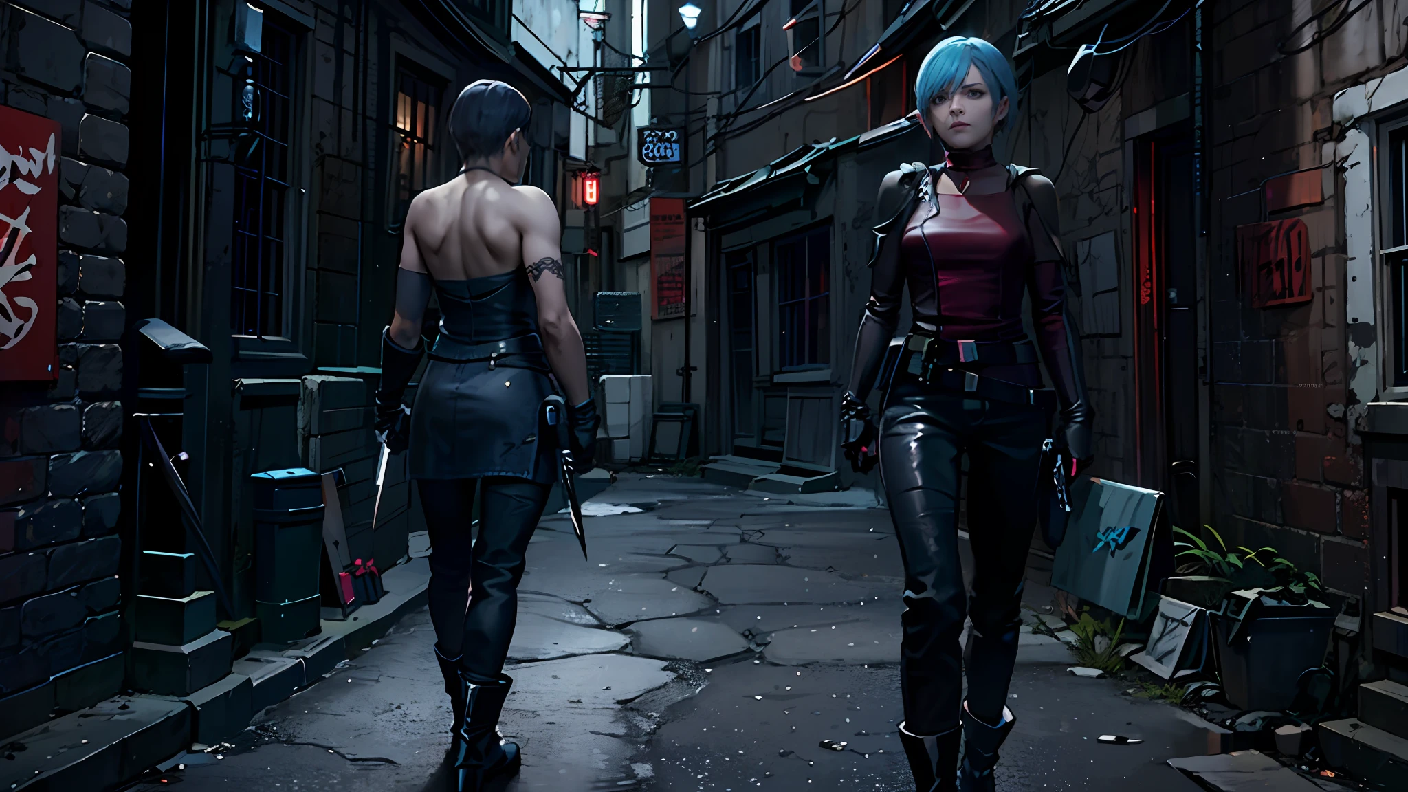 there are two people standing in a dark alley with blue hair, medium shot of two characters, devil may cry, 2020 video game screenshot, 2 b, 2b, v from devil may cry as an elf, cinematic shot ar 9:16 -n 6 -g, video game screenshot>, style game square enix, 8k portrait render