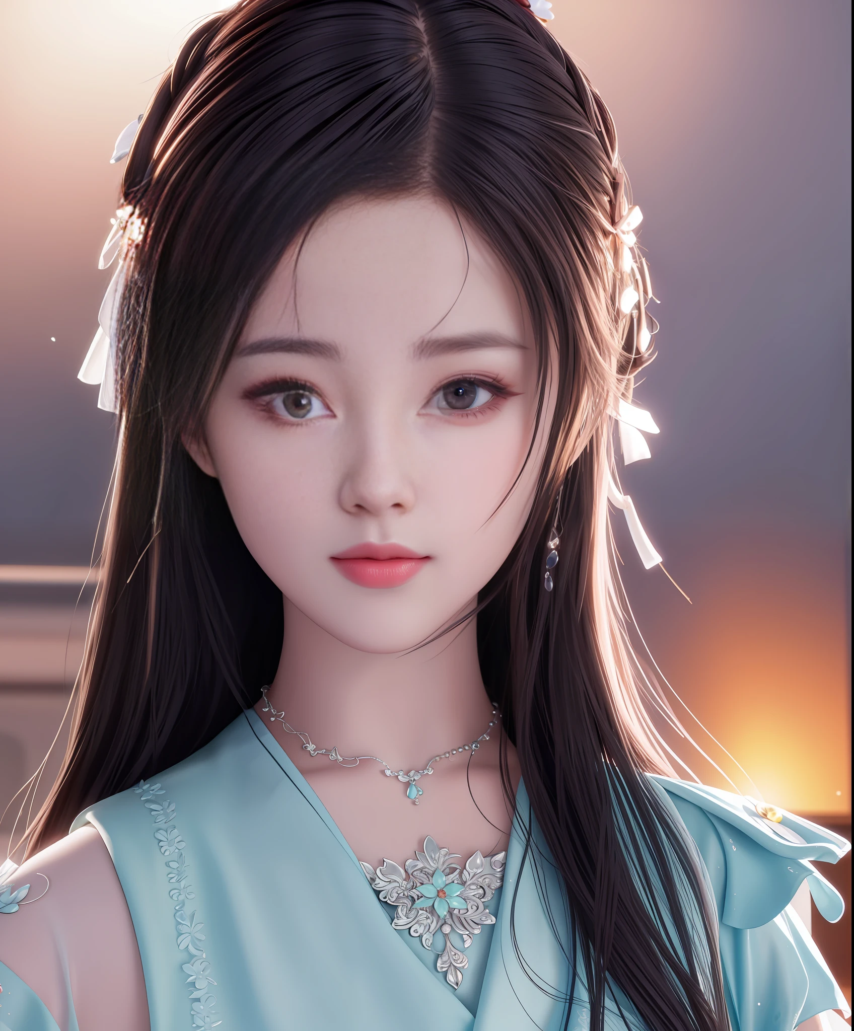 Best quality, masterpiece, high resolution, 1girl, porcelain dress, hair accessories, necklace, jewelry, beautiful face, on the body, Tyndall effect, realistic, dark studio, edge lighting, two-tone lighting, (high detail skin: 1.2), 8k UHD, dslr, soft light, high quality, volumetric light, candid, photo, high resolution, 4k, 8k, background blur,