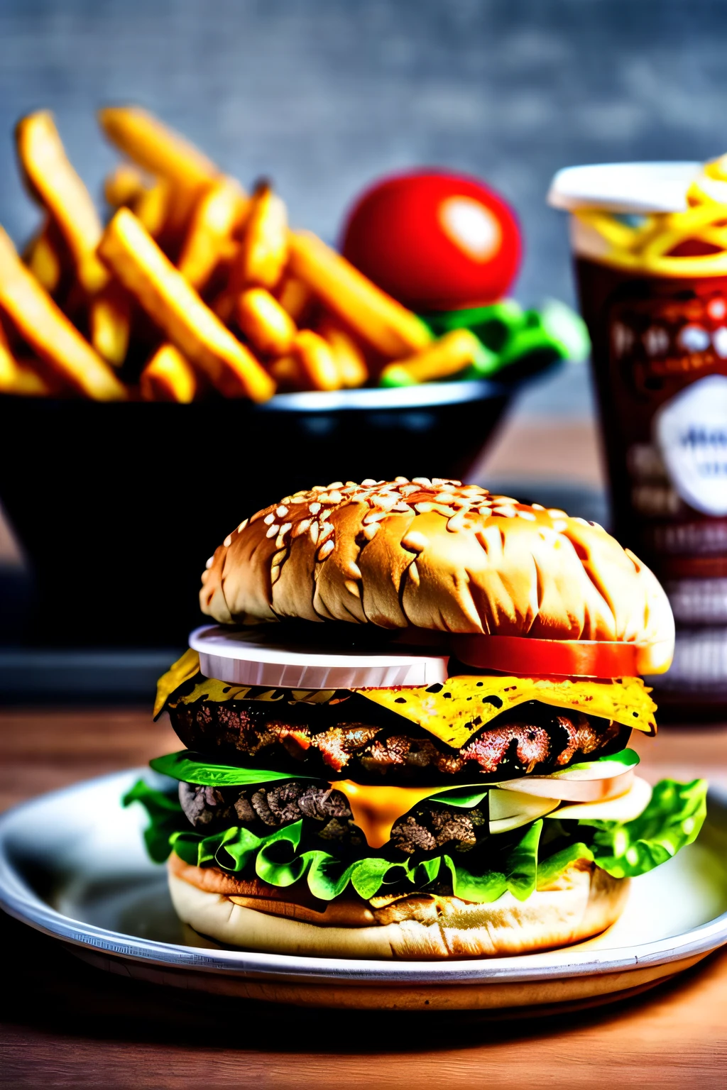 masterpiece, best quality, realistic, 1boy,eating burger \(food, food focus,tomato, blurry, still life,burger, cup, lettuce, fruit, onion, bowl, depth of field, vegetable, blurry background, cheese\),