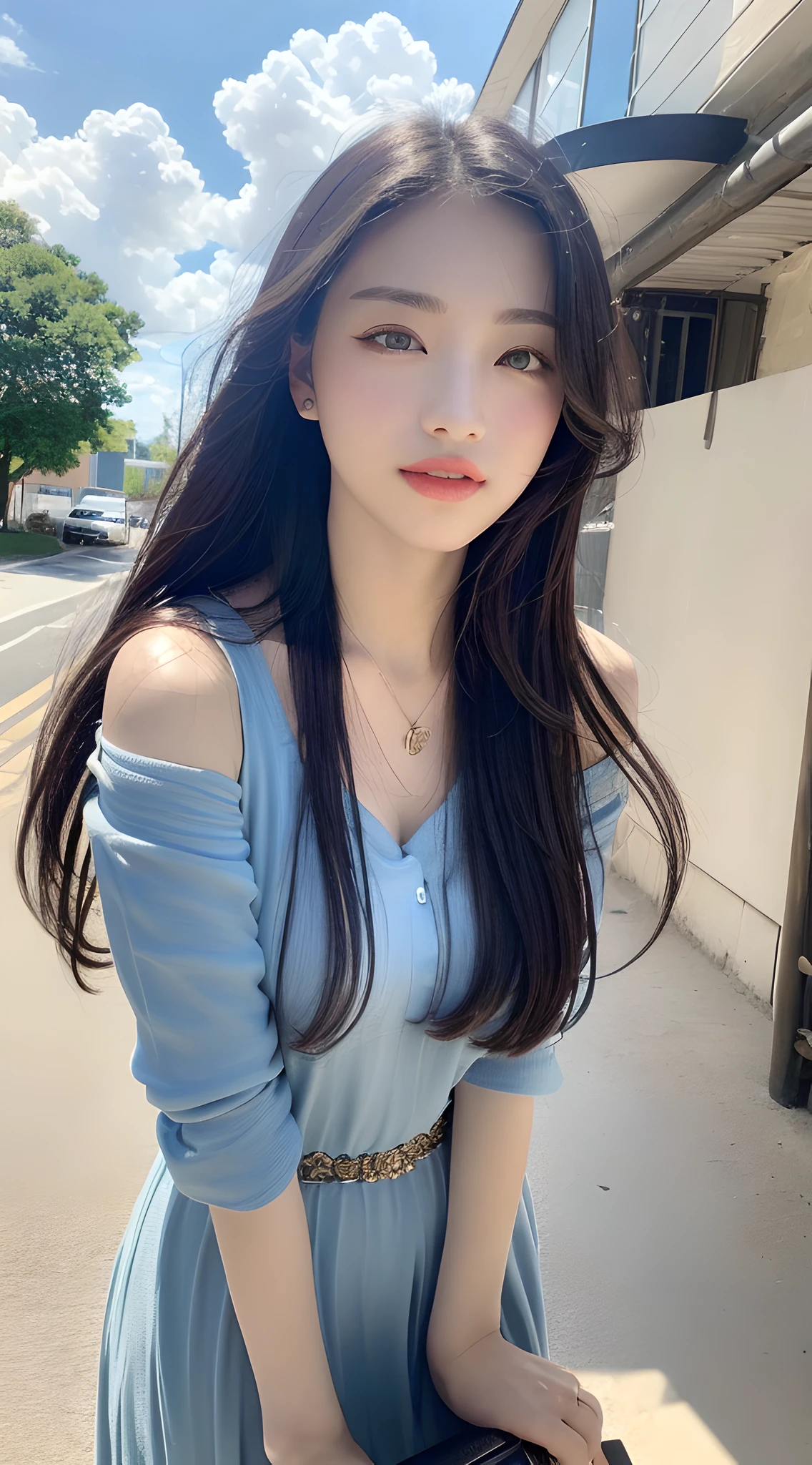 ((HD 8k wallpaper, exquisite and detailed, bright light, soft shadows)), floating, natural atmosphere, blue sky and white clouds, landscape (far or close), 1 woman, black eyes, black hair, dress, necklace, dynamic pose, dynamic angle, natural water droplets, sky scene,