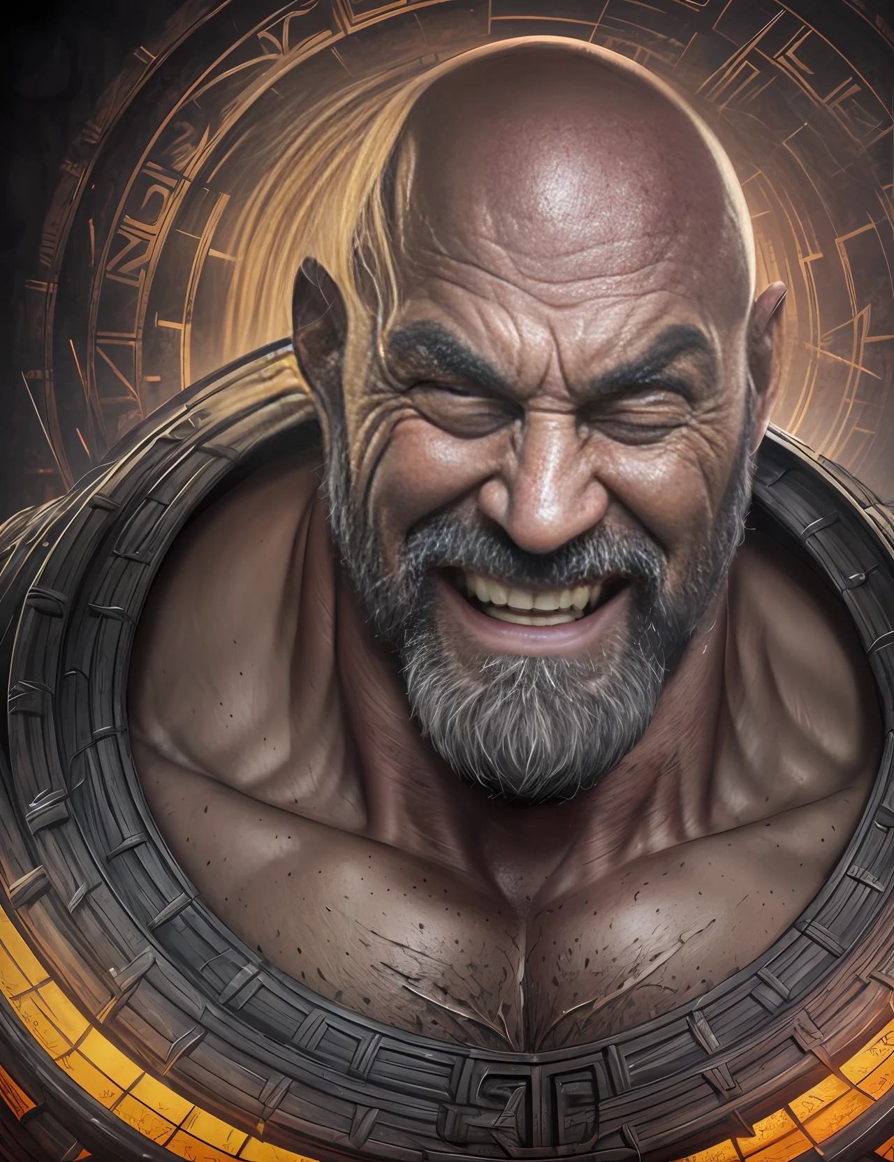 a portrait of a laughing, toxic, muscle, god, elder, (hdr:1.28), bald, hyperdetailed, cinematic, warm lights, intricate details, hyperrealistic, dark radial background, (muted colors:1.38), (neutral colors:1.2) --auto --s2
