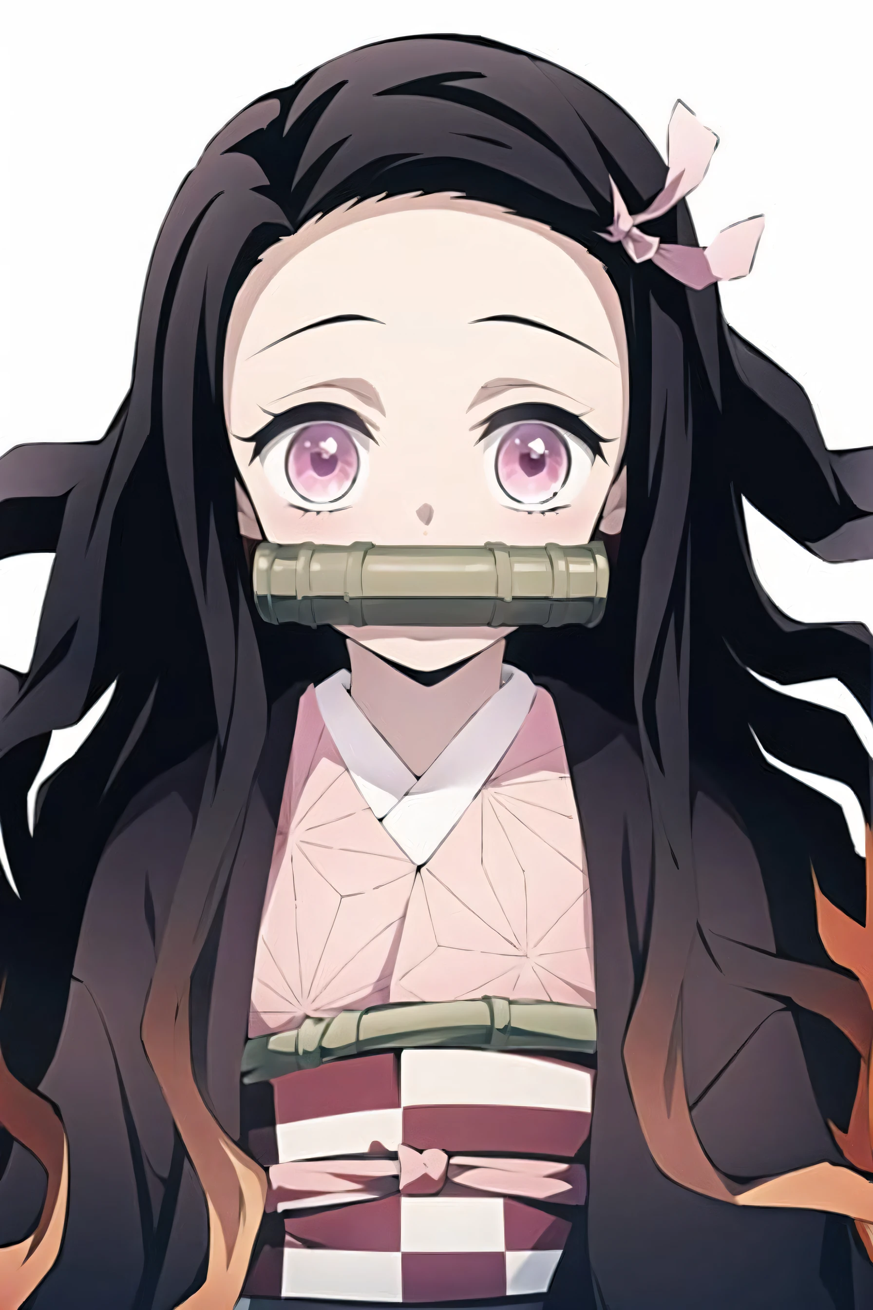 kamado nezuko, kimetsu no yaiba style, 1girl, black hair, forehead, hair ribbon, japanese clothes, kimono, long hair, multicolored hair, pink eyes, pink kimono, pink ribbon, ribbon, very long hair, gagged, bit gag, ((masterpiece))