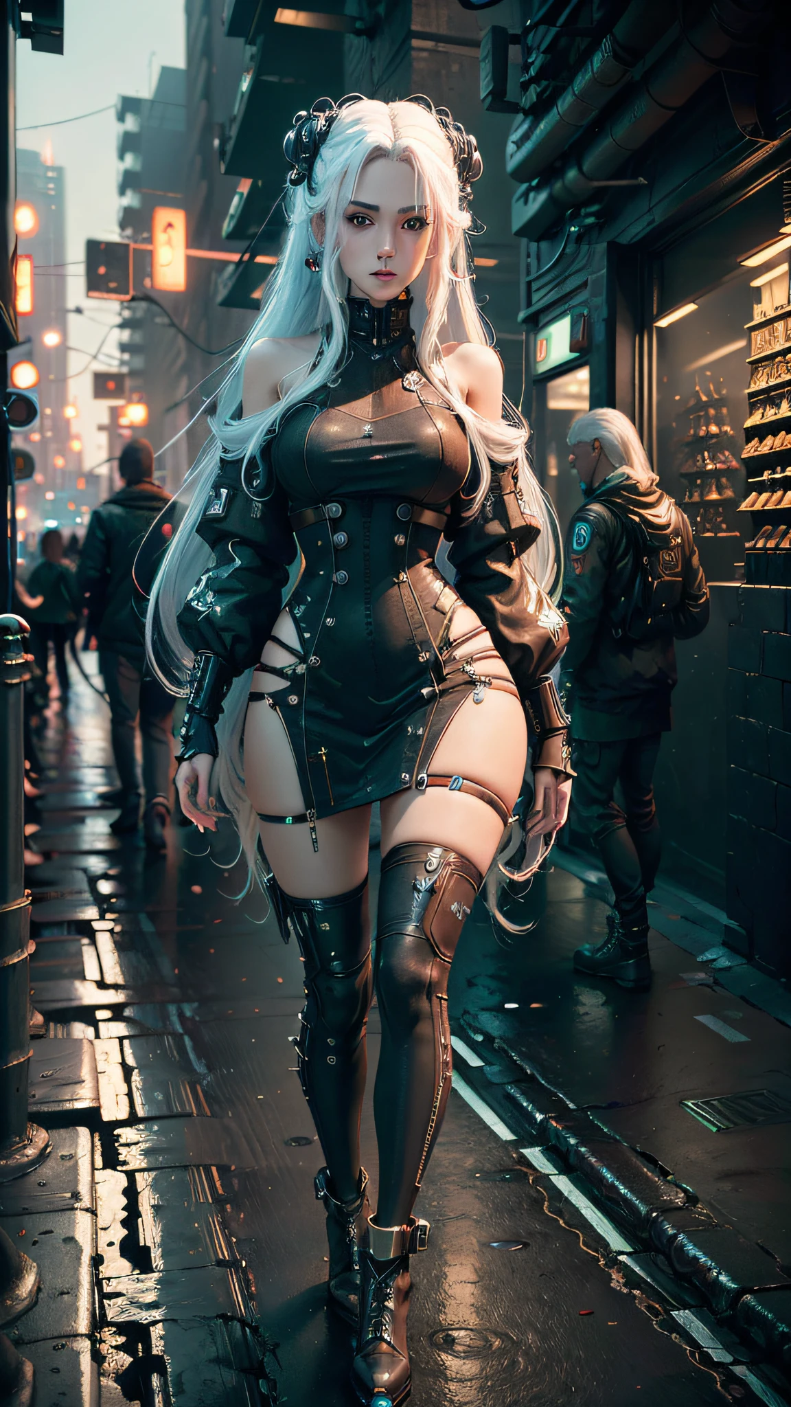 ((Best quality)), ((masterpiece)), (detailed: 1.4), 3D, cyberpunk, a beautiful woman with long white hair