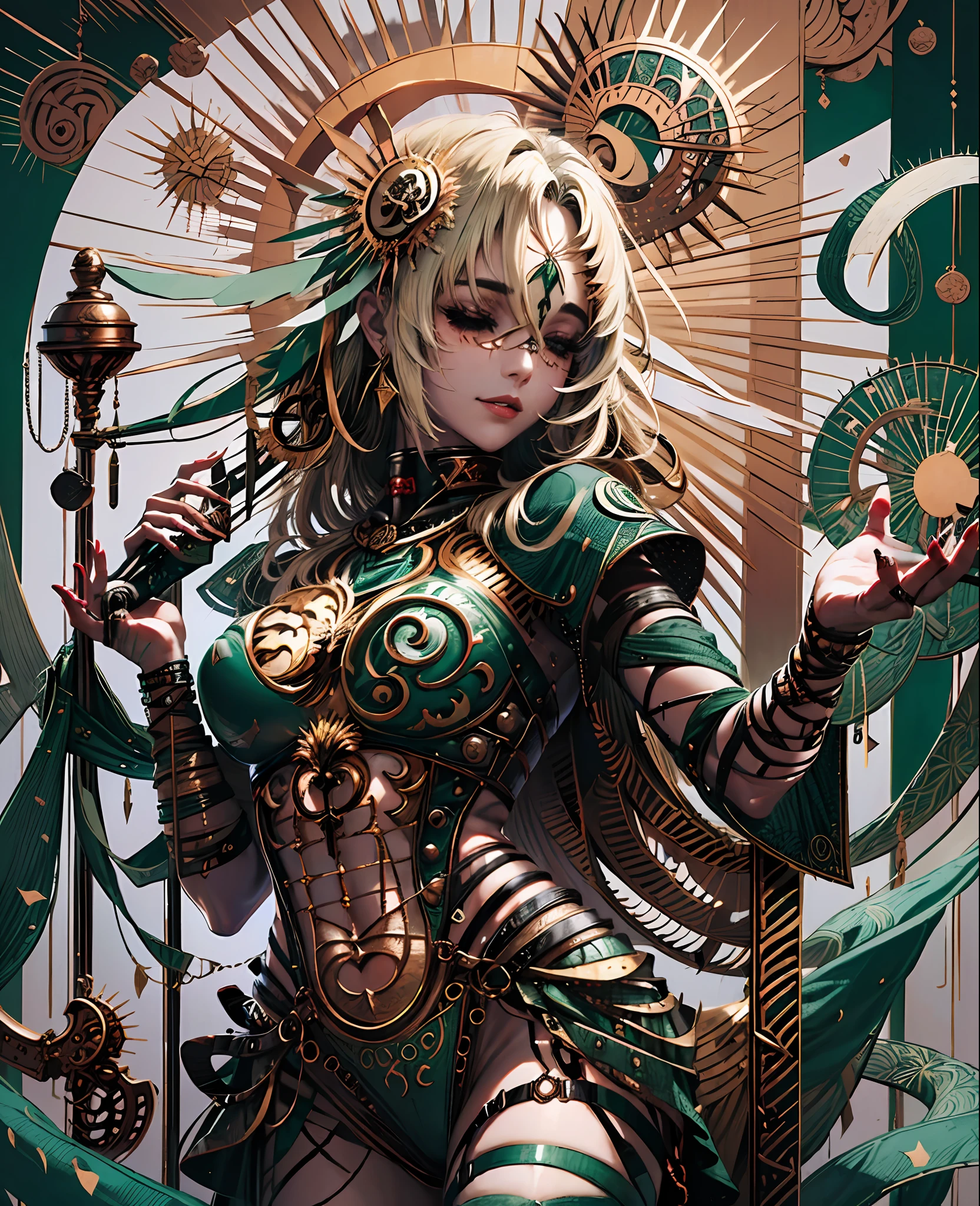 fantasy, 1forest_elemental_girl, fighting, (using_leaves_clothes, green_leaves_covered_breasts, leaves_covered_pussy)+++,medium_breasts,dynamic_pose_standing, light_smile, sleepy, medium_hair, navel,(dark_skin)+, oil, (winding_vine_around_torso)++, plump,forest, trees_background, leaves_headgear, green_leaves_cape, hold_large_long_staff, thighhighs, --auto --s2