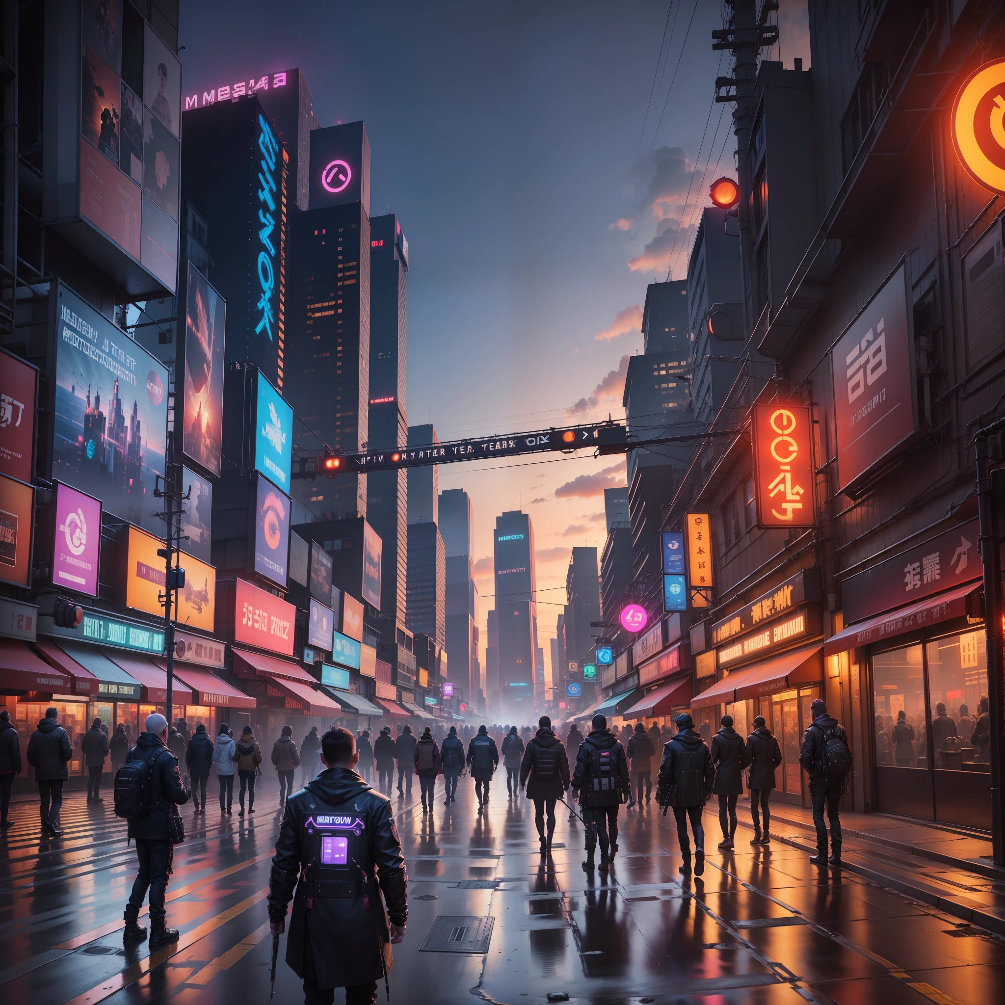 Masterpiece, Photography Award-Awarded, City, Neon, Pedestrian, Cyber, Punk, Steam ((Steam: 1.4)), Sunset,
