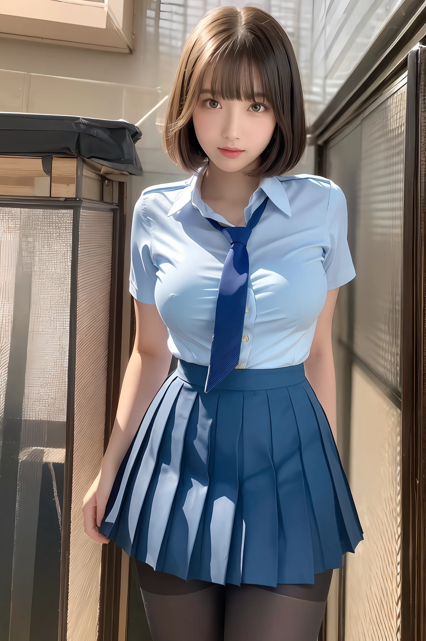 8k, best quality, real picture, intricate details, ultra-detailed, ultra highres, depth field,(photorealistic,realistic:1.2),masterpiece, 0.25 :: close-up , straight-on shot , from miiddle ,
1girl, ai_chan, an extremely beautiful , innocent big eyes, (Brown_SHORT_hair), (GREEN_eyes:1.0),(bangs),disheveled hair,(hairclip), perfect shiny skin, flawless skin, fair skin, huge breasts, cleavage, narrow waist, light blush, solo, looking at viewer, light smile,
chubby under clothes, sweat,
wearing ((school_uniform), (white_skirt),(BLUE_Long_Tie), (BLUE_pleated_skirt), (Black_pantyhose) :1.2), 
(gravure pose :1.1),
sunset ,
high school in Japan ,