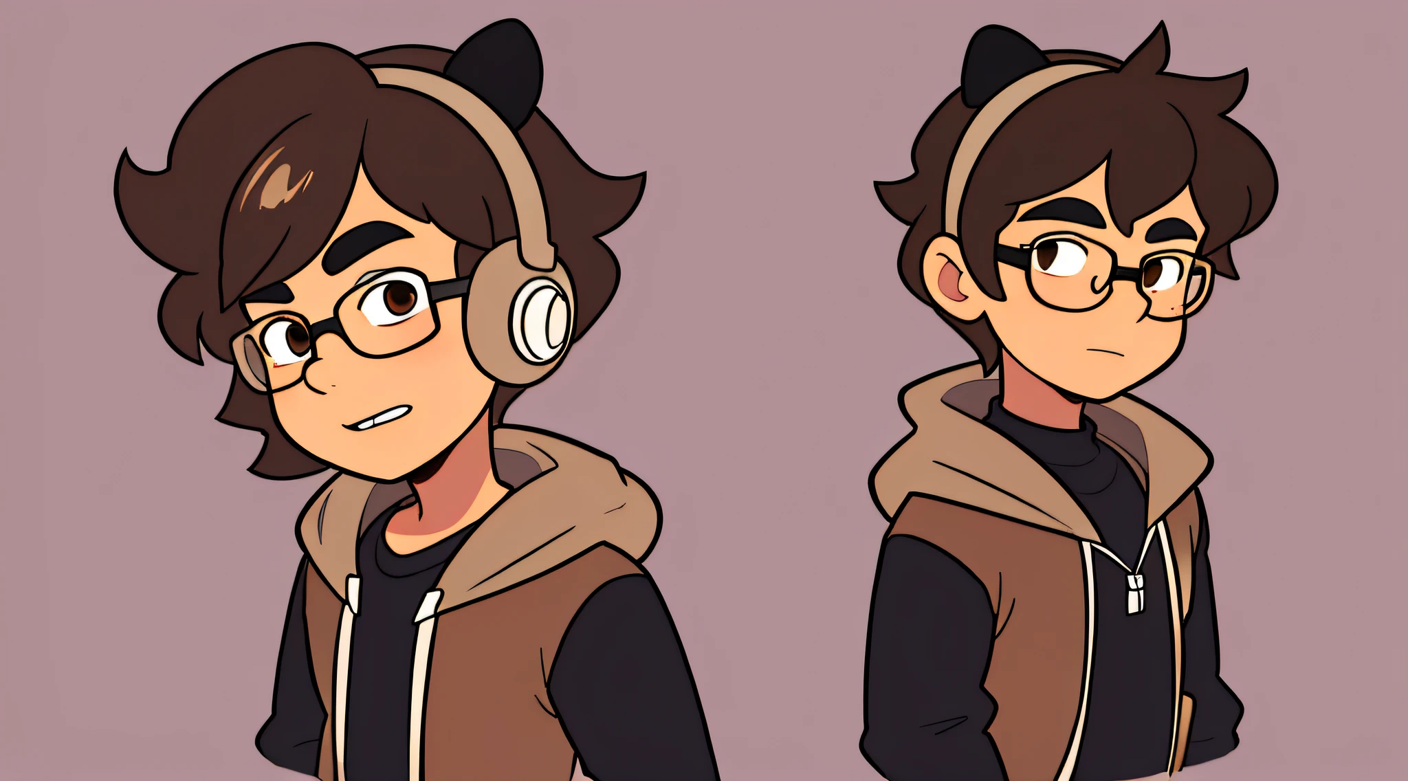 a boy, multiple poses and expressions, cartoon style, simple, cute full color, brown hair, short curly hair, brown eyes, wears glasses, and a headset with raccoon ears, coat with raccoon color